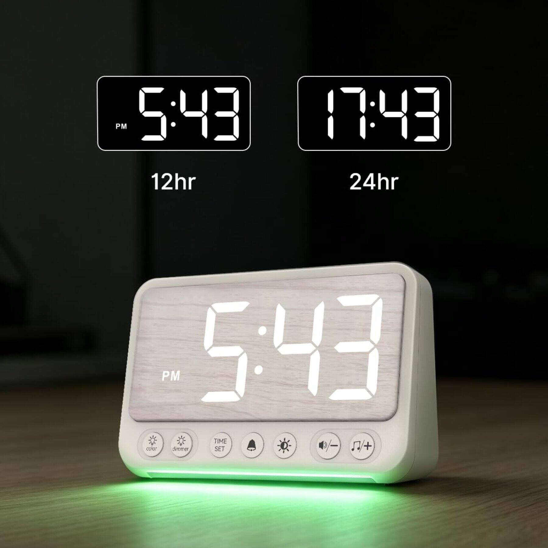 PM 5:43 12hr  
17:43 24hr  
PM 5:43 TIME color dimmer SET +