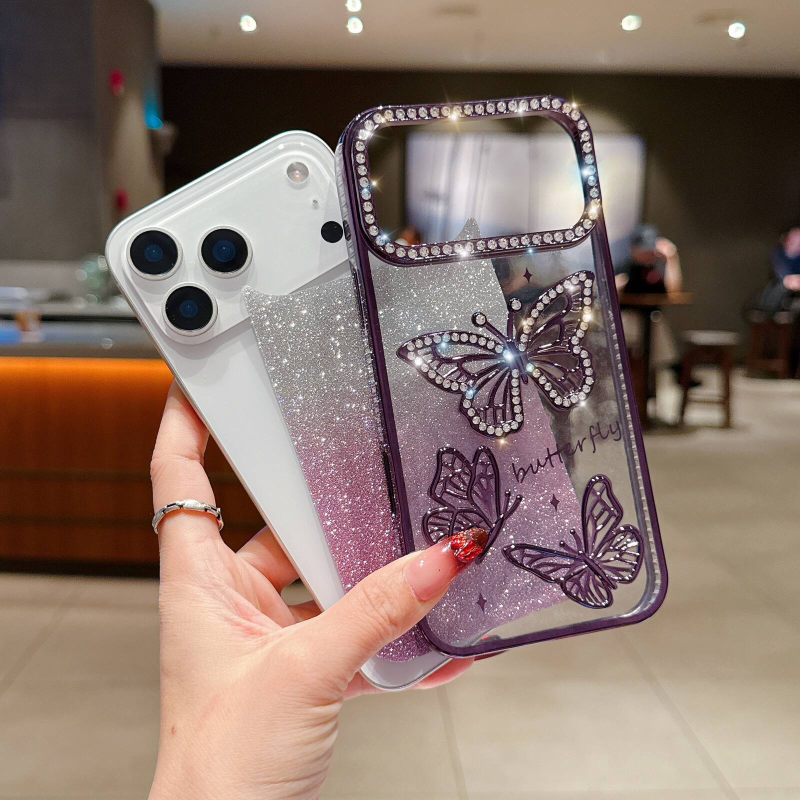 Angle. UUCOVER - For Apple iPhone 17 Pro Slim Case, 3D Bling Rhinestone Butterfly Glitter Paper Electroplated TPU Bumper Clear Back Cover - Purple.