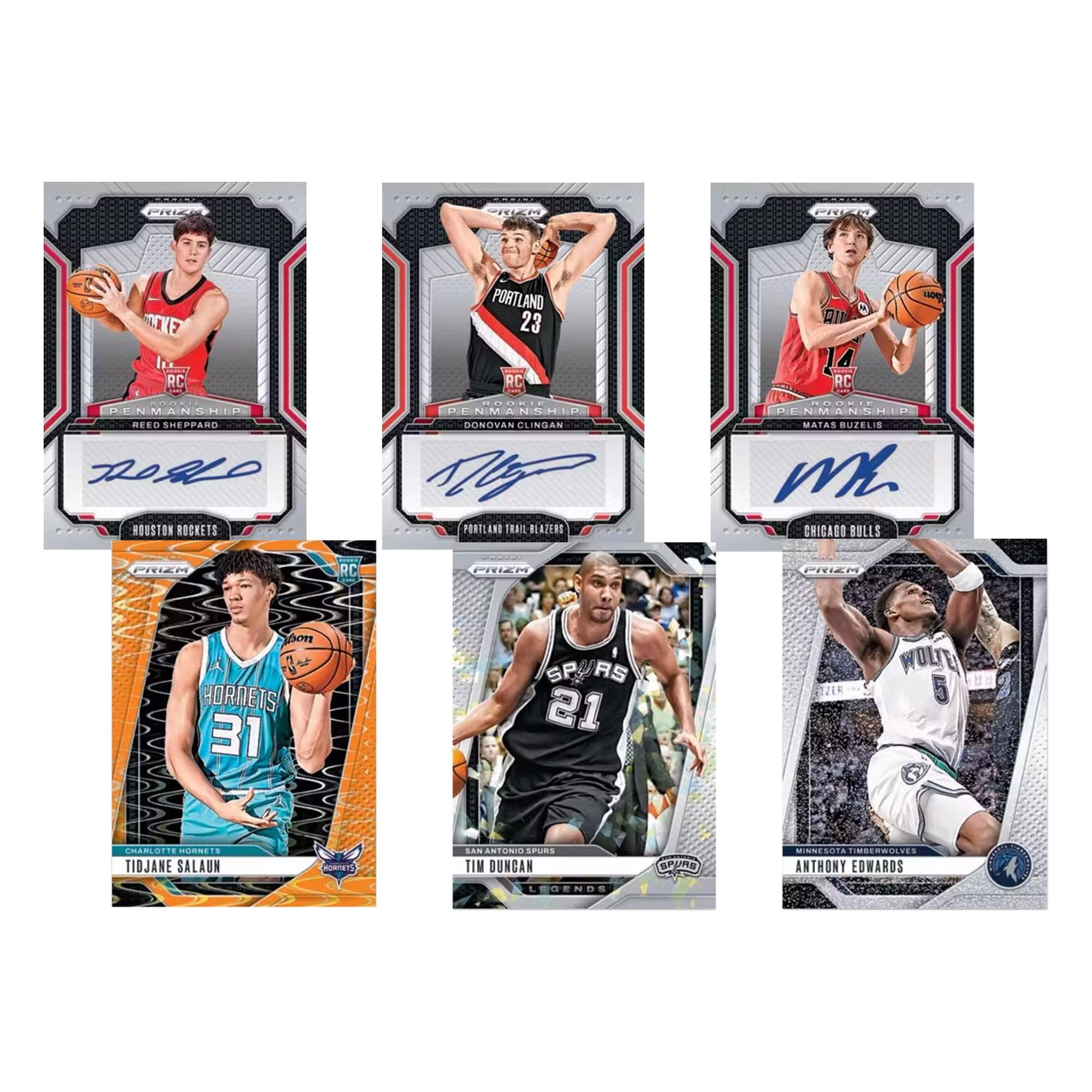 Sure, here is the corrected and grouped text from the image:

1. **Reed Sheppard**
   - Houston Rockets
   - RC
   - 23
   - P9AR0

2. **Donovan Cline**
   - Portland Trail Blazers
   - RC
   - 100
   - PENMANSHIP

3. **Mantas Buzelis**
   - Chicago Bulls
   - RC
   - 14
   - P9AR0

4. **Tidjane Salaun**
   - Charlotte Hornets
   - 31

5. **Tim Duncan**
   - San Antonio Spurs
   - 21

6. **Anthony Edwards**
   - Minnesota Timberwolves
   - 5