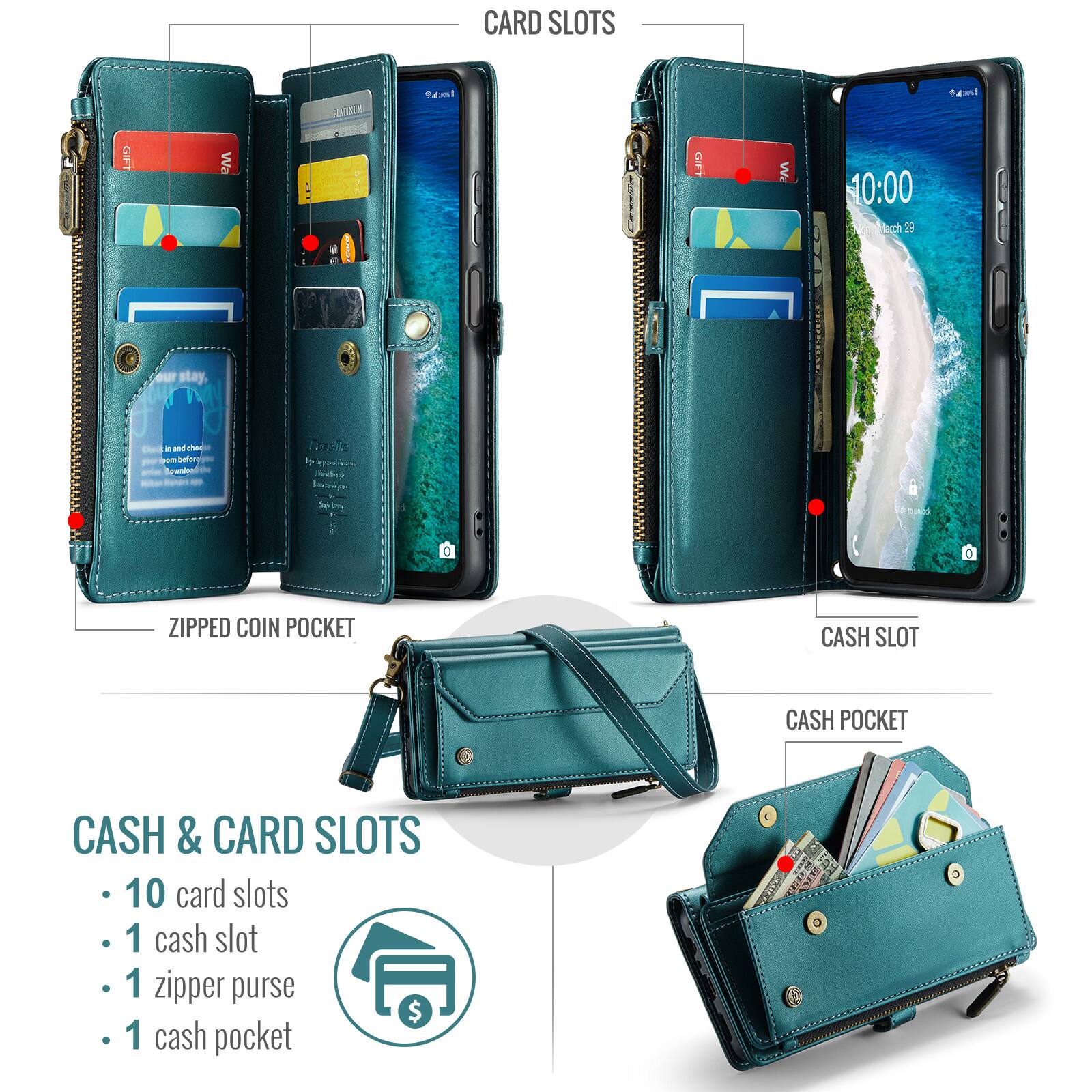 CARD SLOTS

ZIPPED COIN POCKET

CASH & CARD SLOTS
- 10 card slots
- 1 cash slot
- 1 zipper purse
- 1 cash pocket

CASH SLOT

CASH POCKET