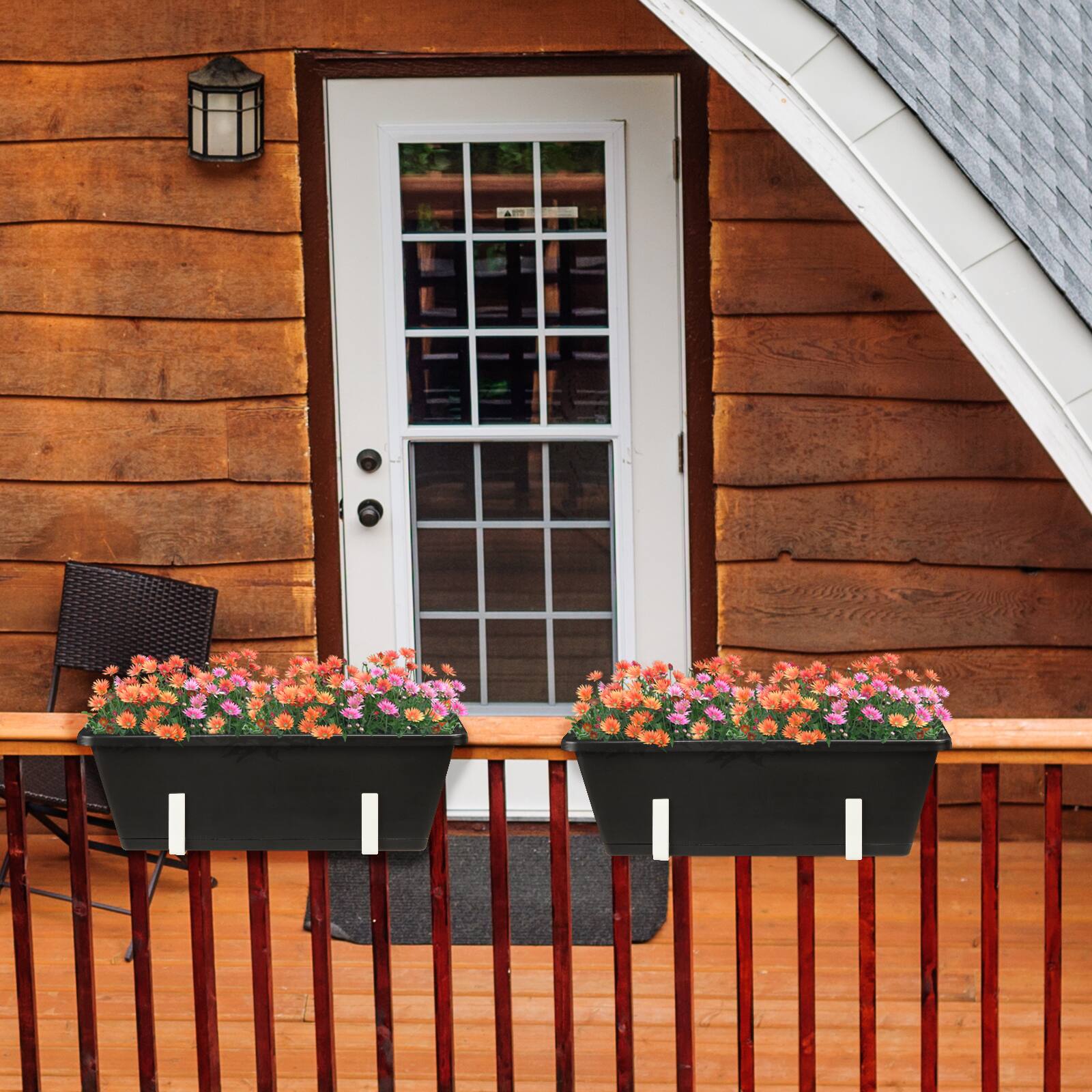 Back. Oumilen - Railing Planter Boxes 6-Pack, Black Rectangular Window Flower Boxes with Adjustable Hooks & Removable Tray for Balcony.