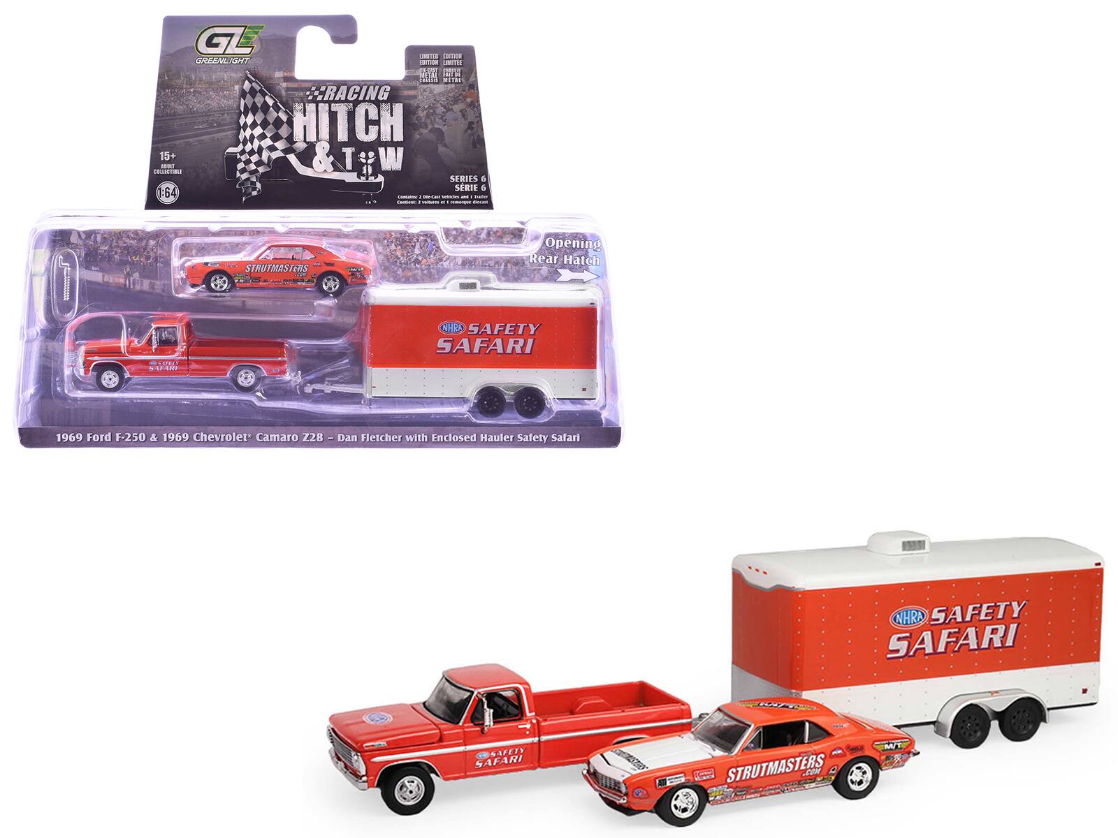 1969 Ford F-250 Truck Red and 1969 Chevrolet Camaro Z28 Orange with White Hood w/Trailer 1/64 Model Cars by Greenlight