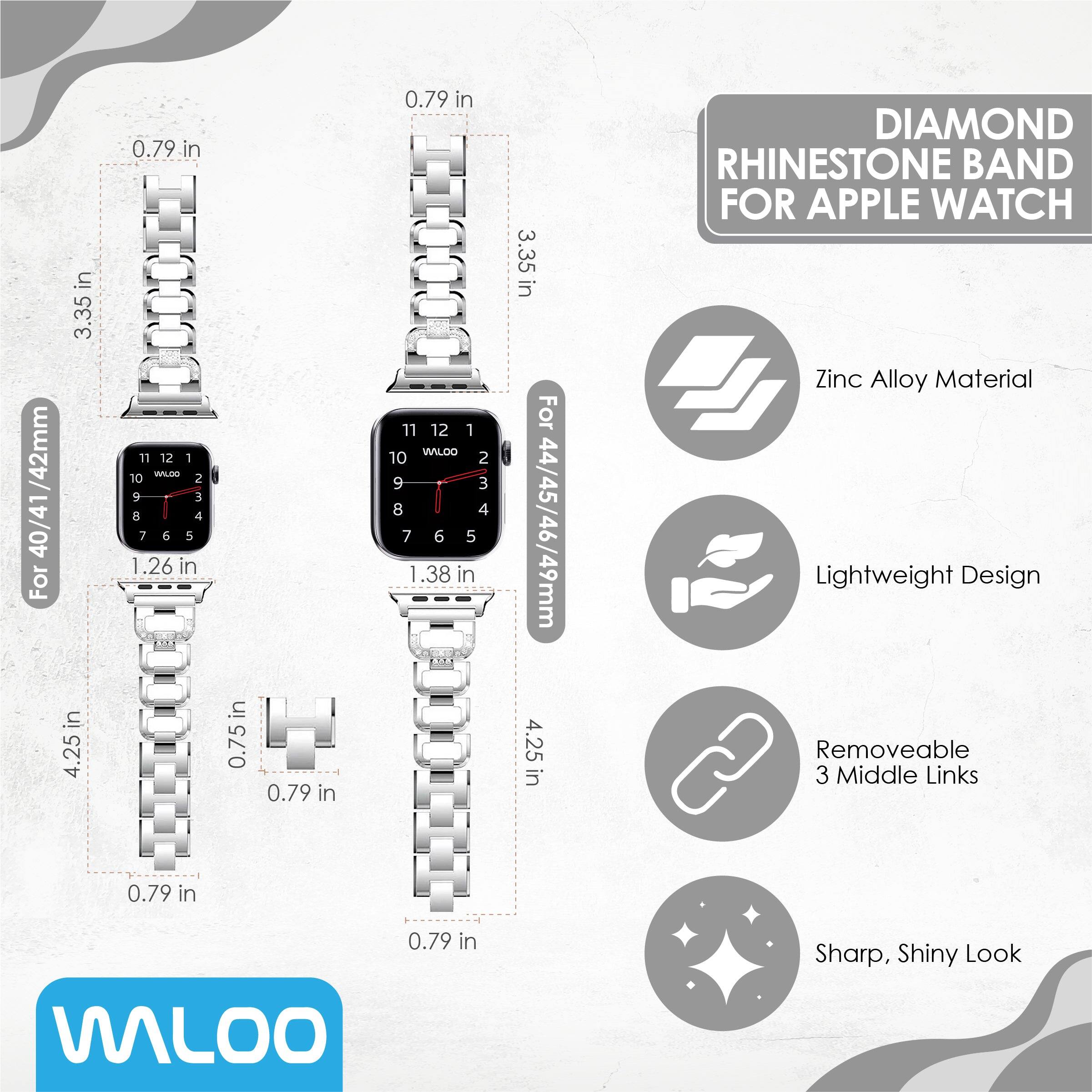 /42mm For 3.35 in 4.25 in 0.79 in 11 12 1 WILLOO 10 2 9 3 8 4 7 6 5 1.26 in 0.79 in in 0.75 in 0.79 in 0.79 in 11 12 1 WILLOO 10 2 9 3 8 4 7 6 5 1.38 in 3.35 in For 44/45/46/49mm 4.25 in DIAMOND RHINESTONE BAND FOR APPLE WATCH Zinc Alloy Material Lightweight Design Removeable 3 Middle Links 0.79 in WILLOO Sharp, Shiny Look