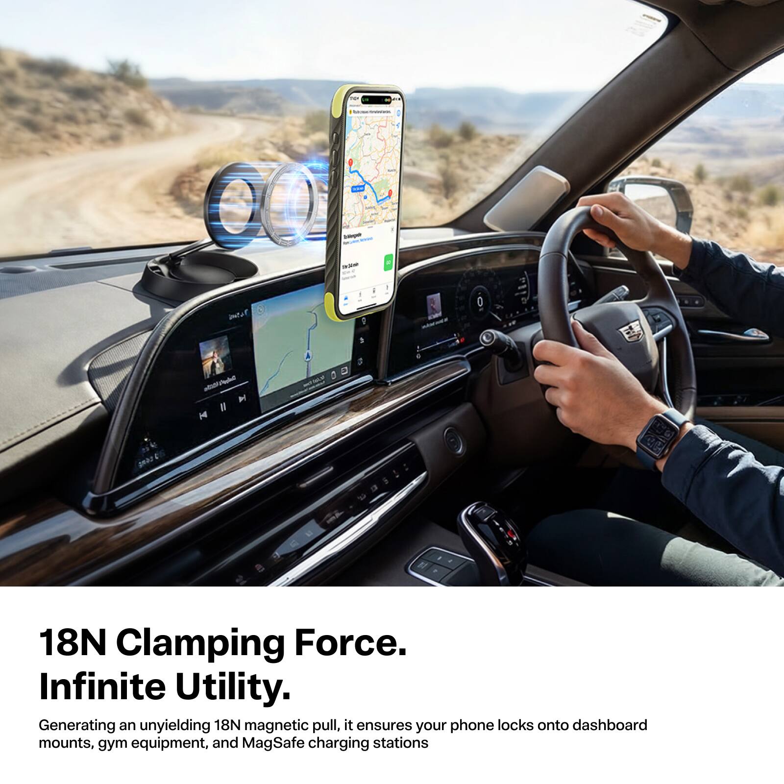 18N Clamping Force. Infinite Utility.  
Generating an unyielding 18N magnetic pull, it ensures your phone locks onto dashboard mounts, gym equipment, and MagSafe charging stations