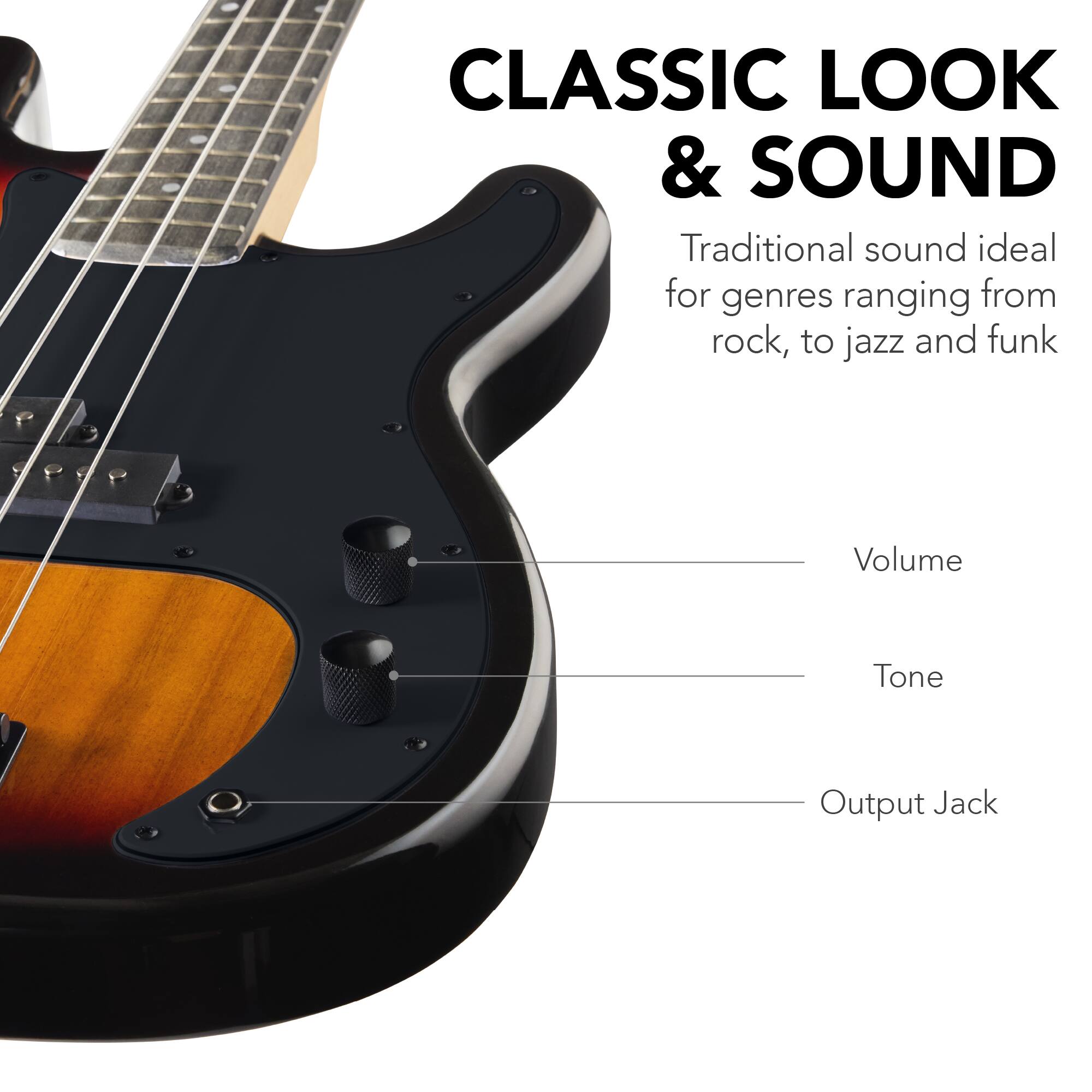 CLASSIC LOOK & SOUND

Traditional sound ideal for genres ranging from rock, to jazz and funk

Volume  
Tone  
Output Jack
