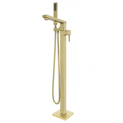 Front. Akicon - Akicon 360° Swivel Tub Filler High Flow Freestanding Bathtub Faucet with Handheld Shower in Brushed Gold Matte - Brushed Gold Matte Paint.