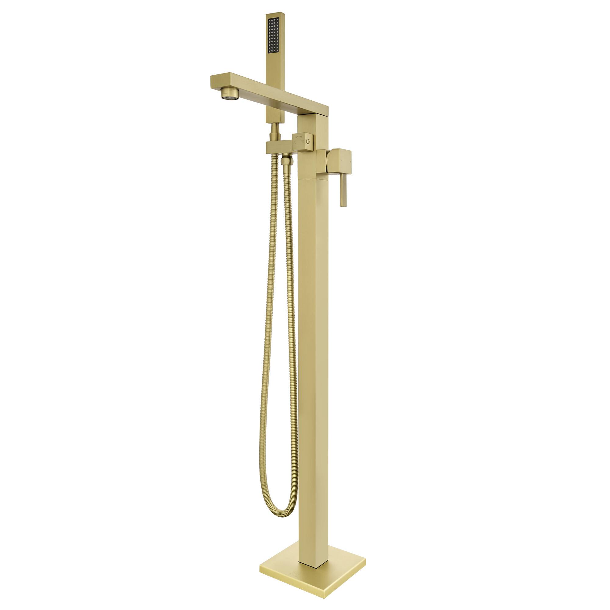 Front. Akicon - Akicon 360° Swivel Tub Filler High Flow Freestanding Bathtub Faucet with Handheld Shower in Brushed Gold Matte - Brushed Gold Matte Paint.