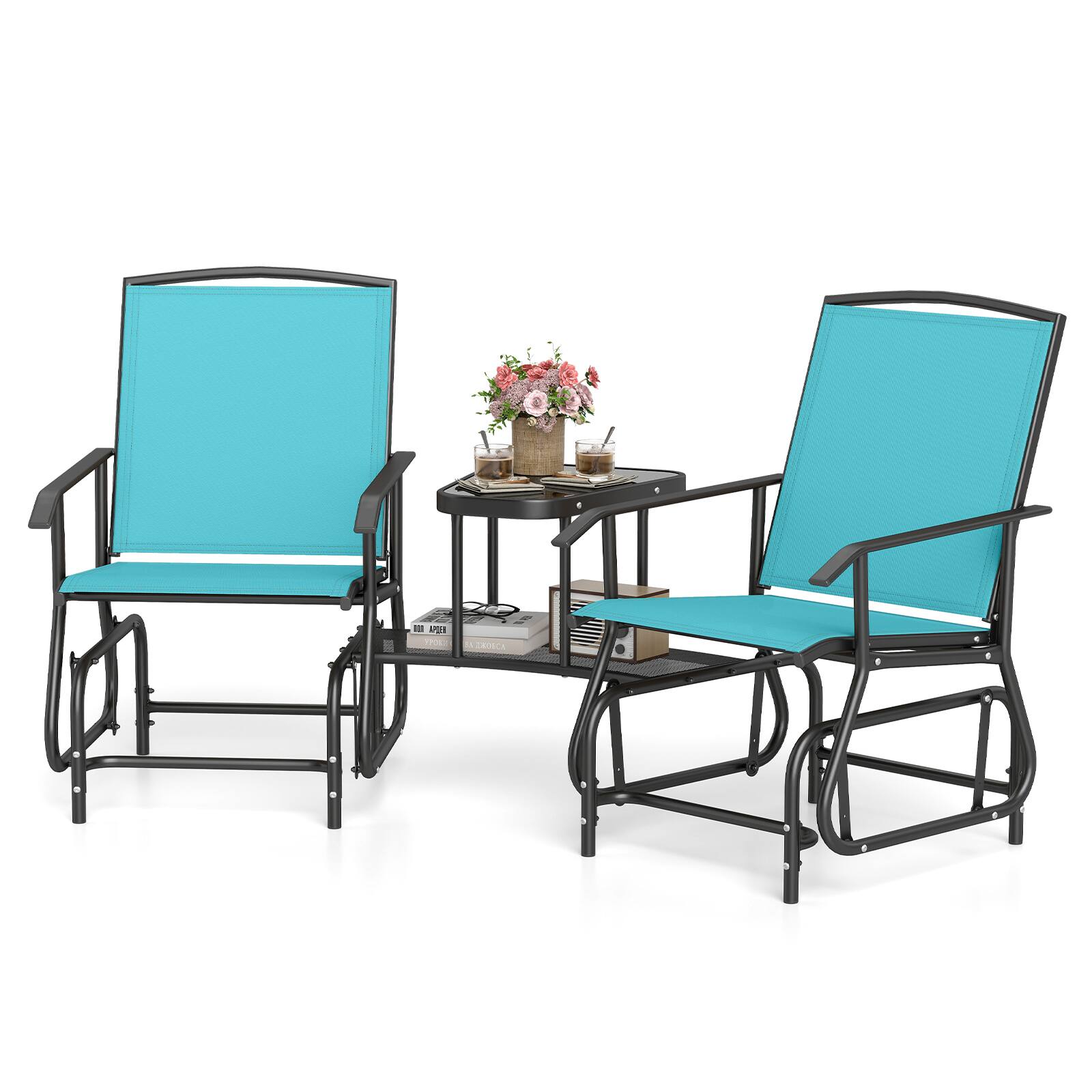 Alt View 1. Costway - Costway Outdoor Bistro Sets Double Swing Glider Chair Rocker Glass Table Umbrella Hole - Turquoise.