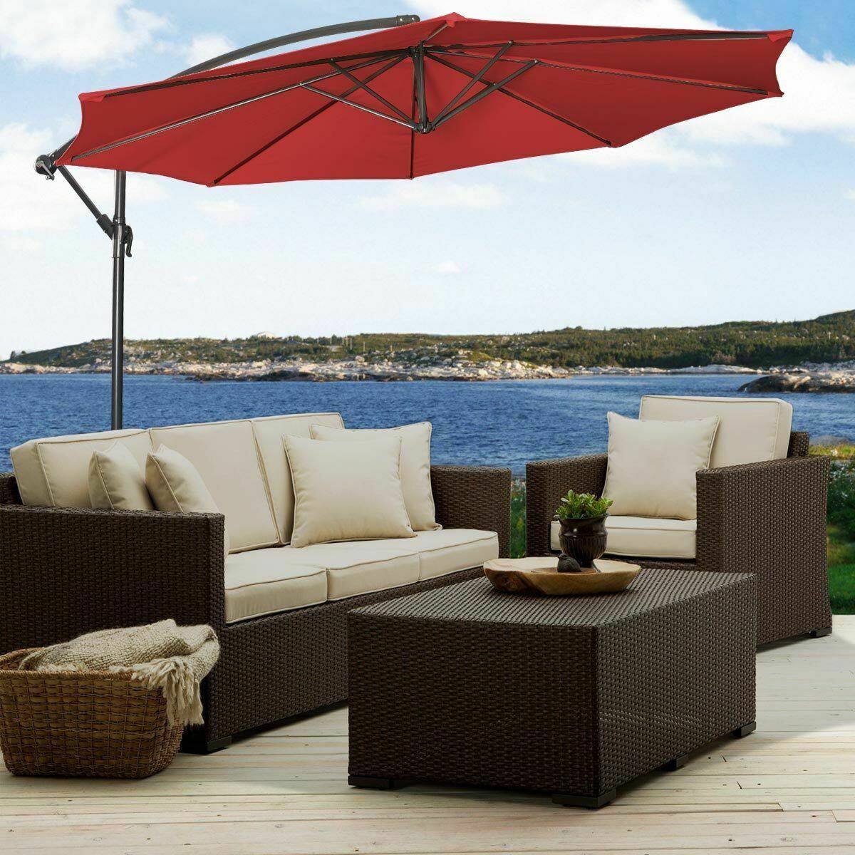 Alt View 2. Gymax - Gymax 10' Hanging Umbrella Outdoor Patio Market Banana Umbrella Offset Wine Red - Wine Red.