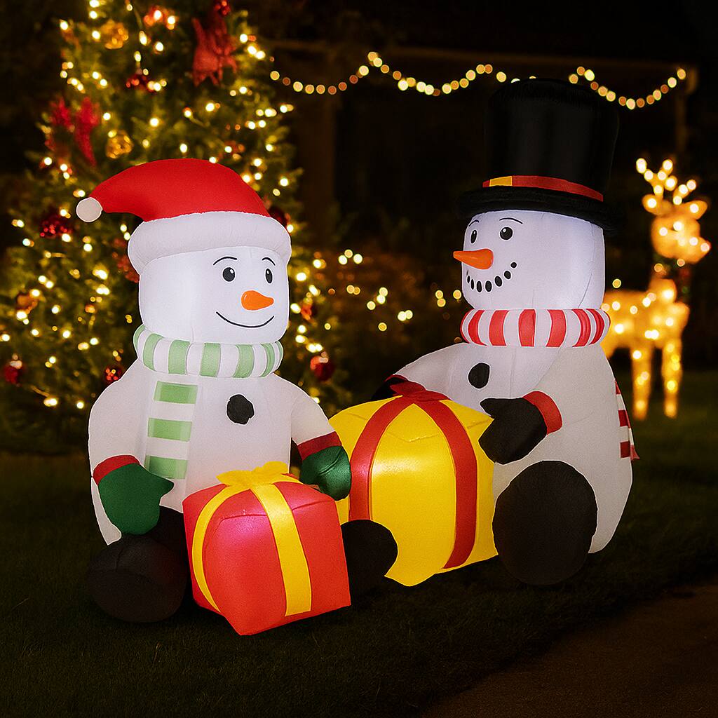 Front. BreeBe - Christmas Inflatable 5 Foot Double Snowman with Gifts for Lawn Display - Multicolor.