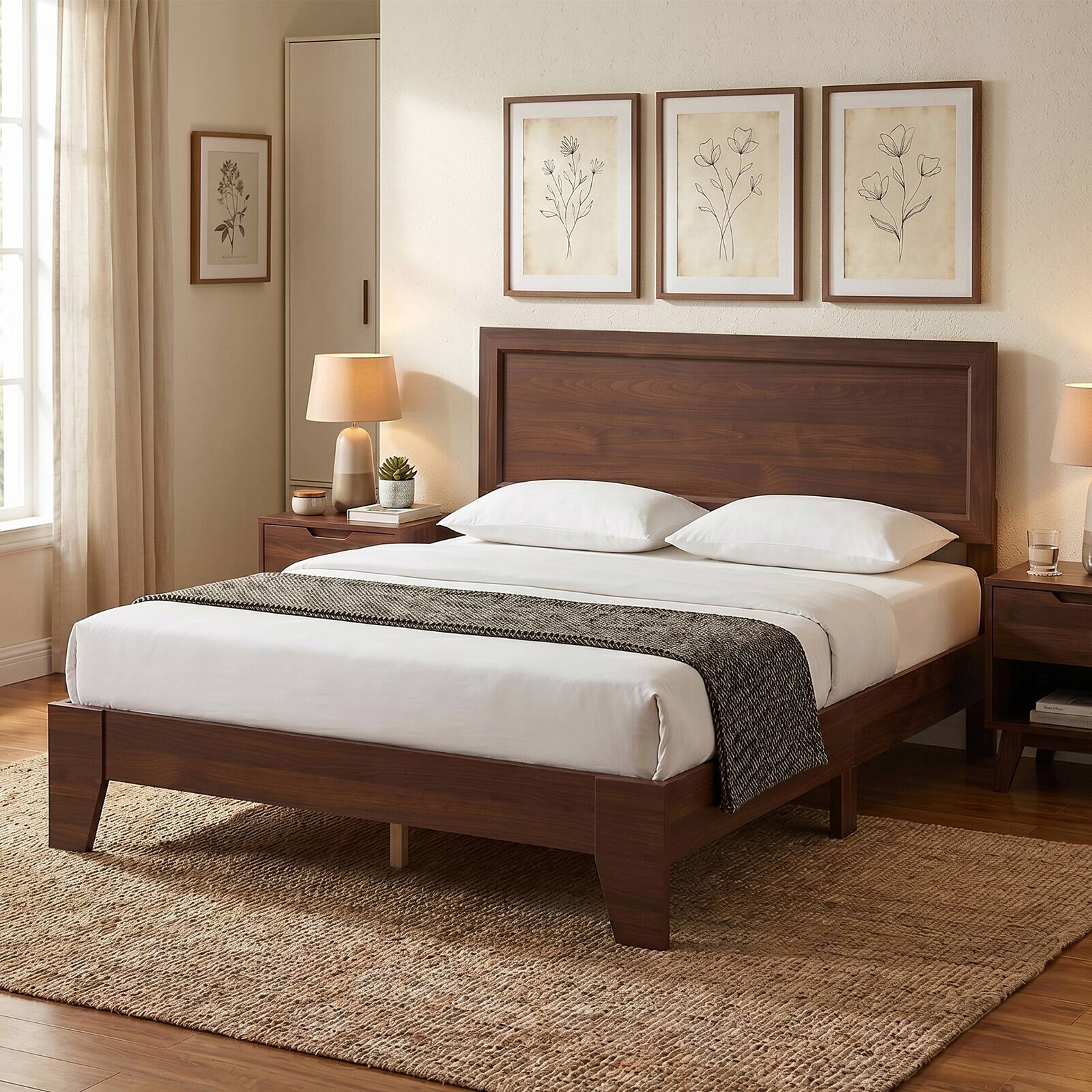 Alt View 4. Costway - Costway Full Size Bed Frame, Mid-Century Platform Bed with Headboard, No Box Spring Needed - Walnut.