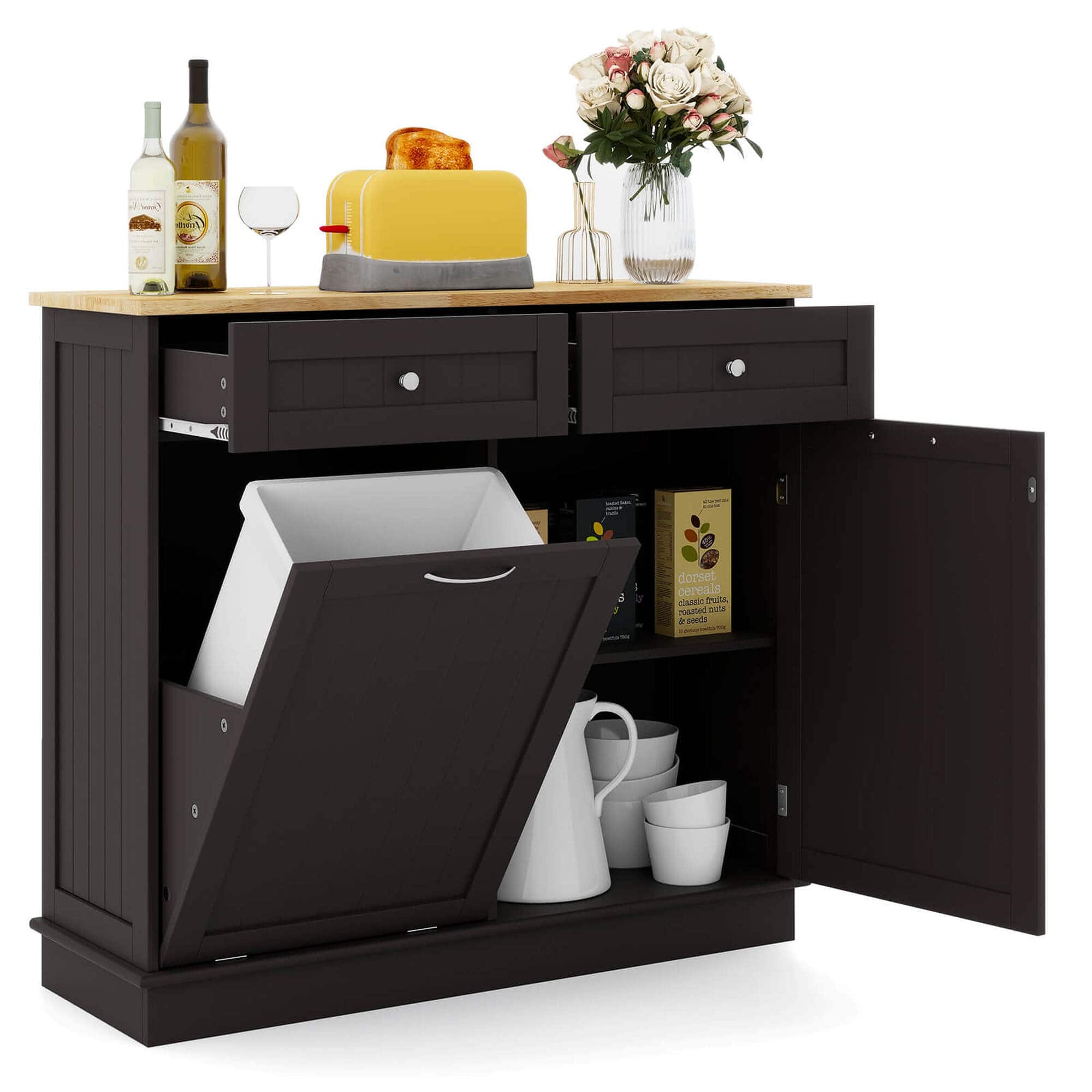 Costway - Wooden Kitchen Trash Cabinet Tilt Out Bin Holder with Drawer & Storage Shelf - Coffee