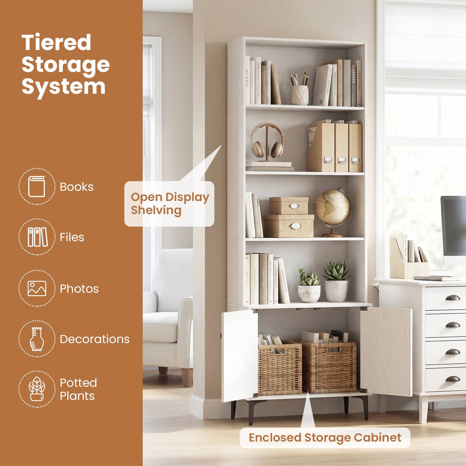Tiered Storage System

- Books
- Files
- Photos
- Decorations
- Potted Plants

Open Display Shelving

Enclosed Storage Cabinet