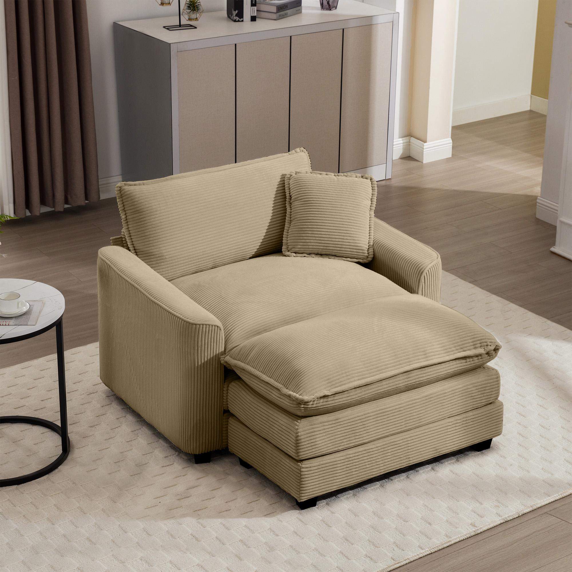 Left. LOVMOR - Comfortable Single Chair Deep Seat Sofa With Footstool With One Pillow Suitable for Living Room and Bedroom Club - Tan.