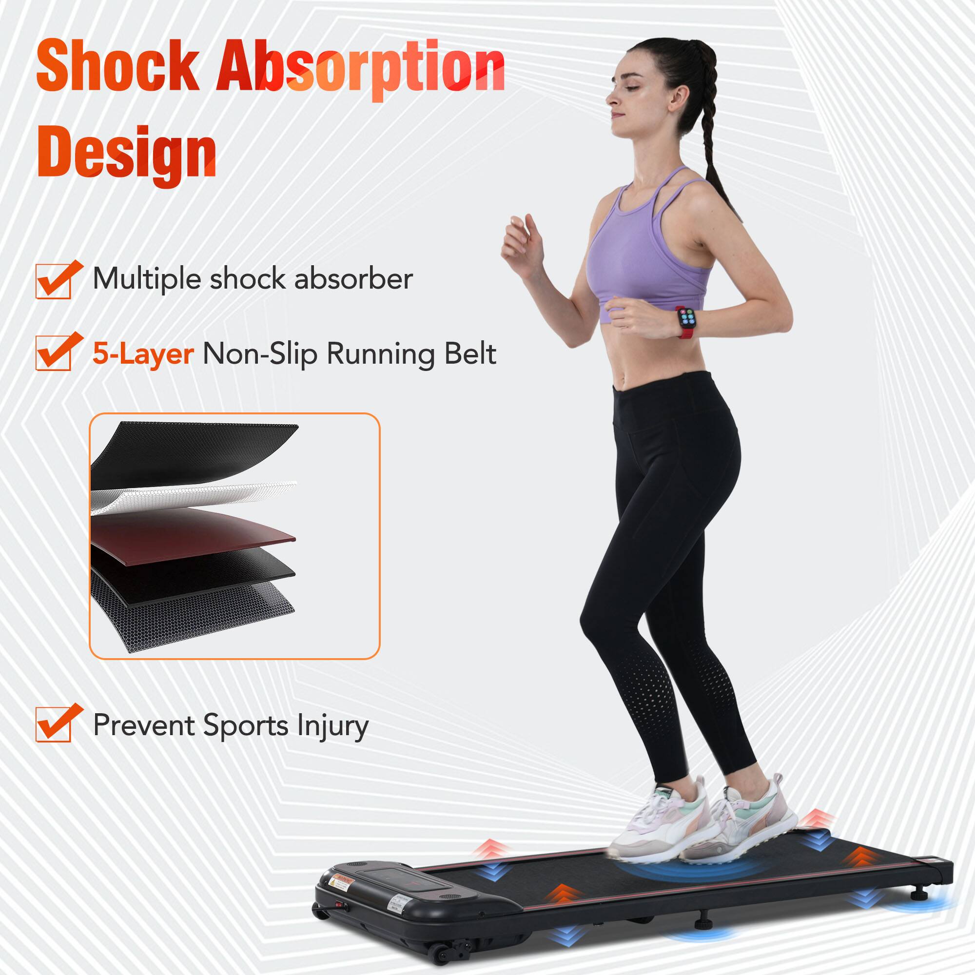 Shock Absorption Design

- Multiple shock absorber
- 5-Layer Non-Slip Running Belt
- Prevent Sports Injury