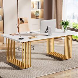 Tribesigns - Modern Conference Table with Engineered Wood Construction and Adjustable Feet for Home Office and Study - White