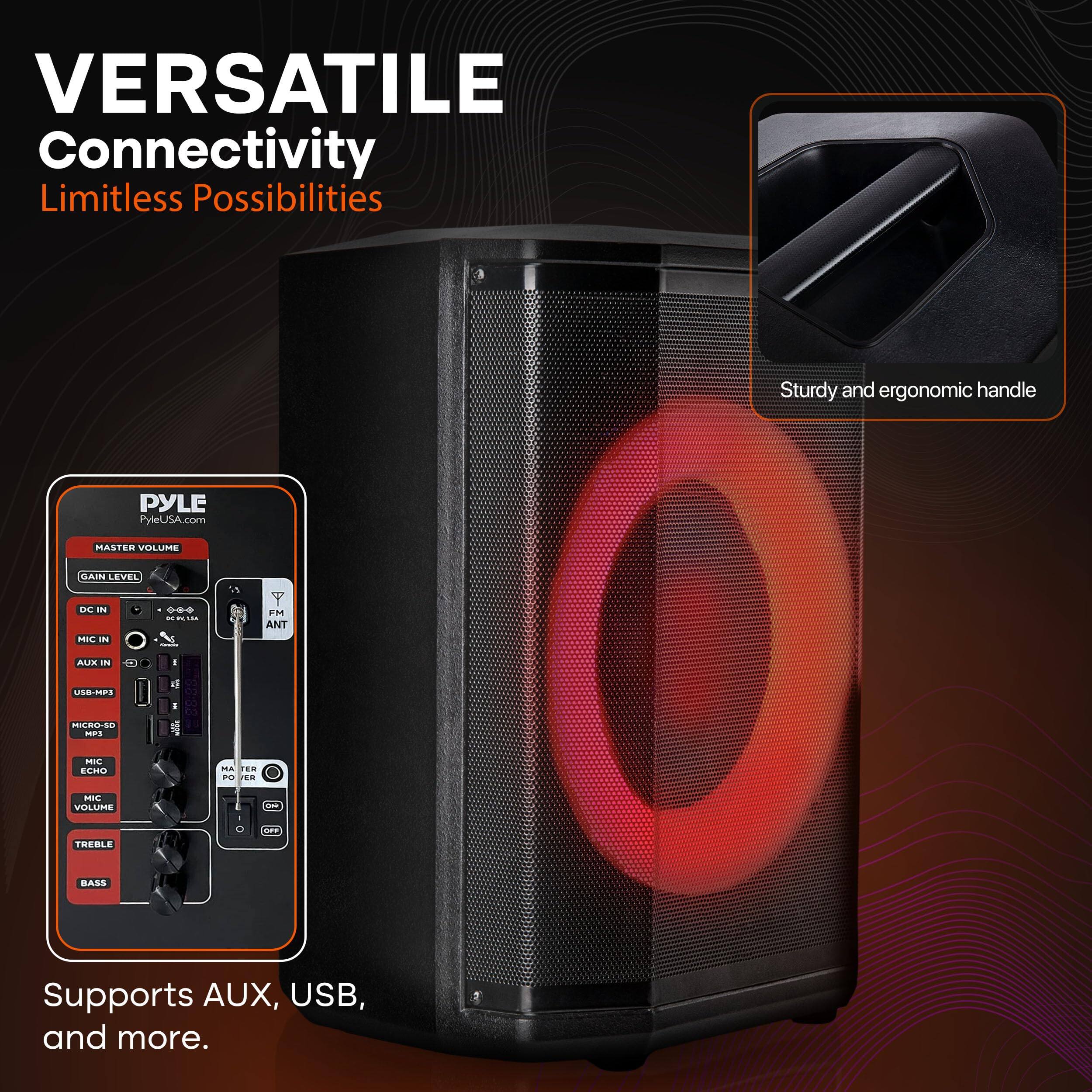 VERSATILE Connectivity  
Limitless Possibilities  

PYLE  
PyleUSA.com  

MASTER VOLUME  
GAIN LEVEL  
DC IN  
MIC IN  
AUX IN  
USB-MP3  
MICRO-SD  
MIC  
MIC ECHO  
MIC VOLUME  
TREBLE  
BASS  

Supports AUX, USB, and more.  

Sturdy and ergonomic handle
