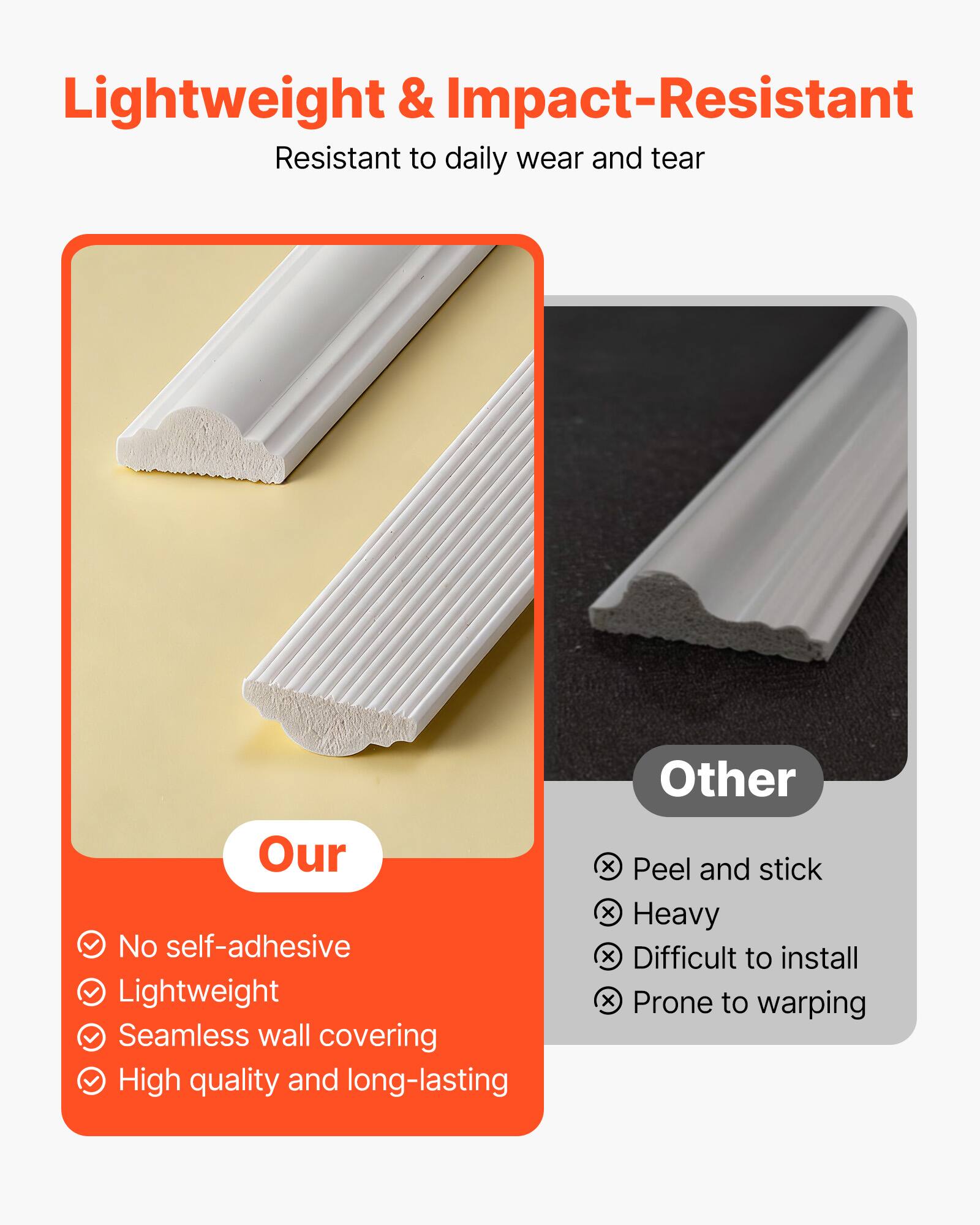 Lightweight & Impact-Resistant  
Resistant to daily wear and tear  

Our  
- No self-adhesive  
- Lightweight  
- Seamless wall covering  
- High quality and long-lasting  

Other  
- Peel and stick  
- Heavy  
- Difficult to install  
- Prone to warping