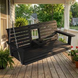 Fortune Candy - HIPS Poly Lumber 3-Seat Porch Swing, 5ft Bench Swing with Foldable Cup Holders & 18/8 Steel Hardware, Carbon - Black