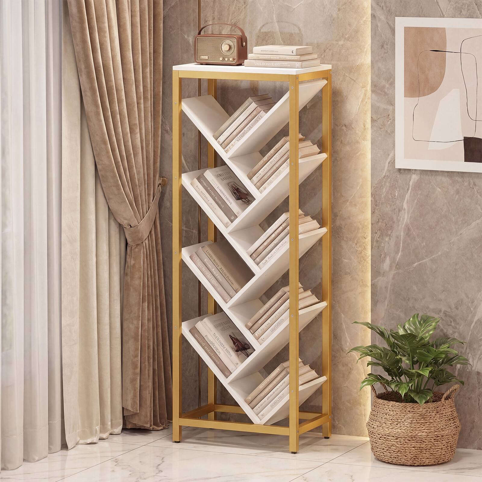Alt View 1. Costway - Costway Tree Bookshelf 9-Tier Freestanding Bookcase Corner Narrow Display Shelf for Home - White & Gold.