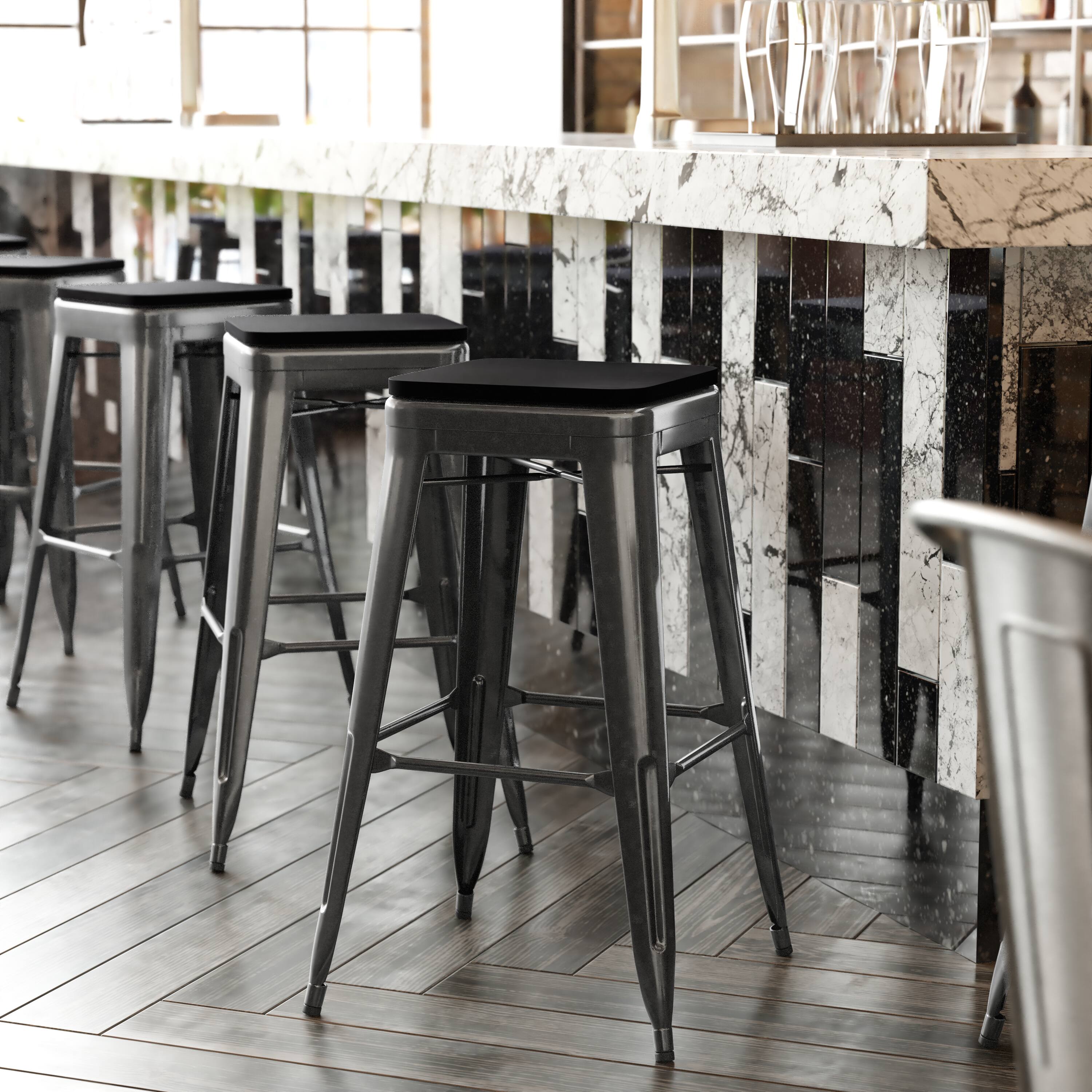 Alt View 1. Emma + Oliver - Kam Backless Metal Indoor-Outdoor Stool with All-Weather Polystyrene Seat - Black Seat/Black Frame.