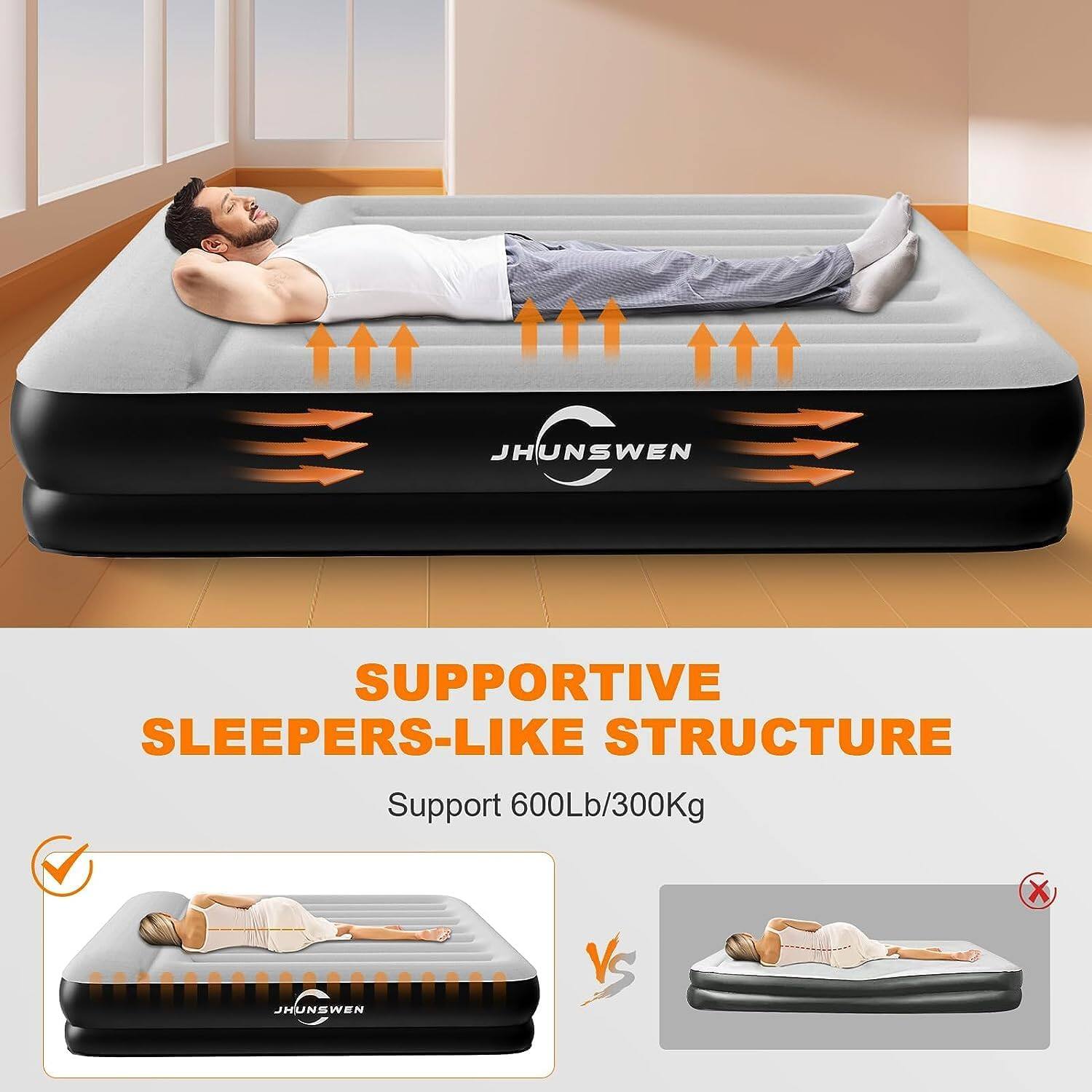 JHUNSWEN SUPPORTIVE SLEEPERS-LIKE STRUCTURE  
Support 600Lb/300Kg  

SUPPORTIVE SLEEPERS-LIKE STRUCTURE  
Support 600Lb/300Kg  

✓ JHUNSWEN  
VS  
✗