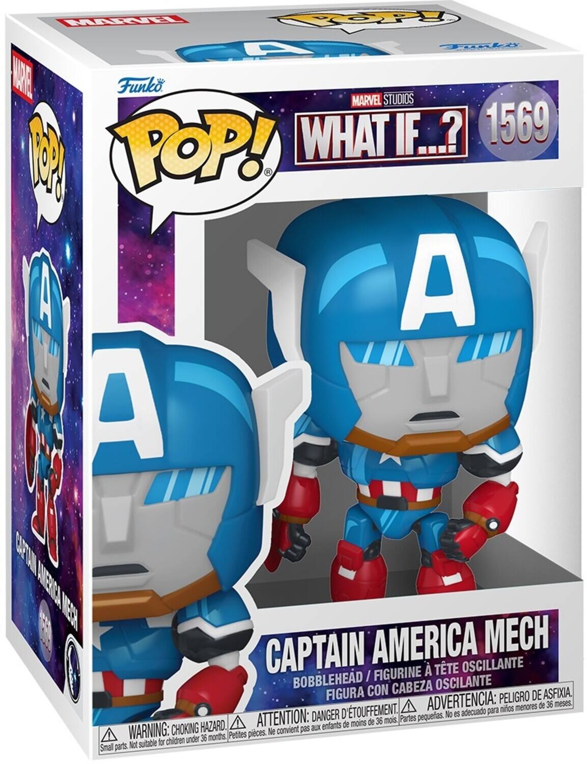 Sure, here is the corrected and grouped text from the image:

---

**Funko POP!**

**MARVEL STUDIOS WHAT IF...?**

**1569**

**CAPTAIN AMERICA MECH**

**BOBBLEHEAD / FIGURINE À TÊTE OSCILLANTE / FIGURA CON CABEZA OSCILANTE**

**WARNING: CHOKING HAZARD. Small parts. Not suitable for children under 36 months.**

**ATTENTION: DANGER D'ÉTOUFFEMENT. Petites pièces. Ne convient pas aux enfants de moins de 36 mois.**

**ADVERTENCIA: PELIGRO DE ASFIXIA. Partes pequeñas. No es adecuado para niños menores de 36 meses.**

---

This text is taken from the packaging of the Funko POP! Captain America Mech figure from the "What If...?" series.