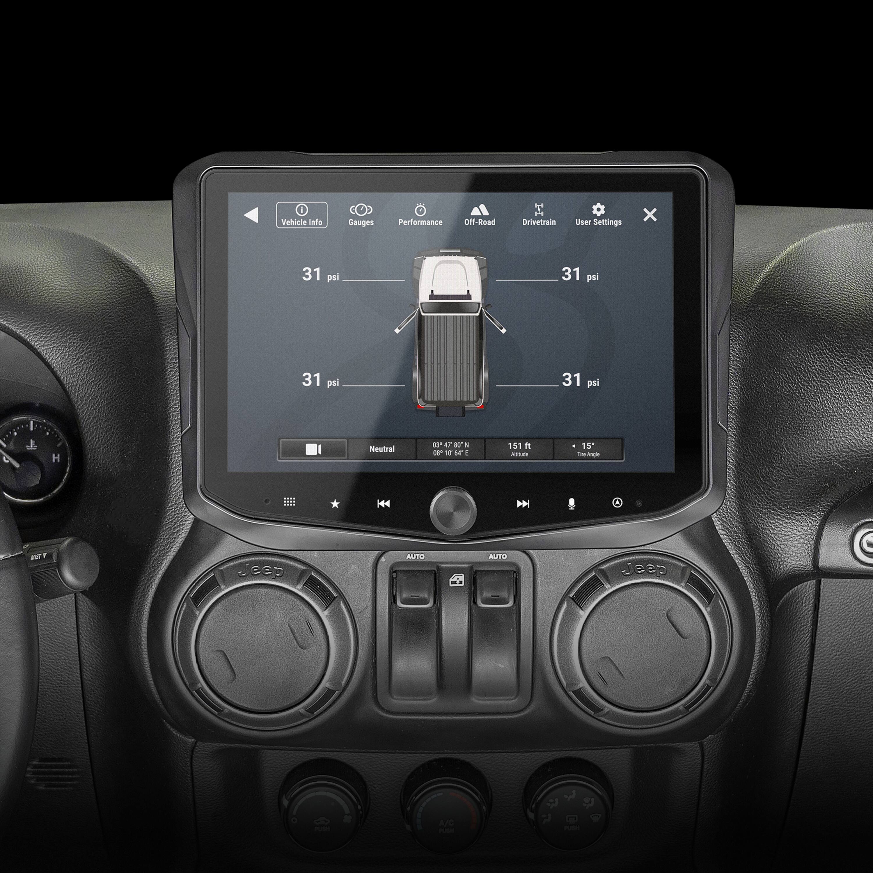 Vehicle tachometer gauges performance of the road and drivetrain. User settings are displayed, including 31 psi for both tires. The image also shows a display of the vehicle's gauges and settings.