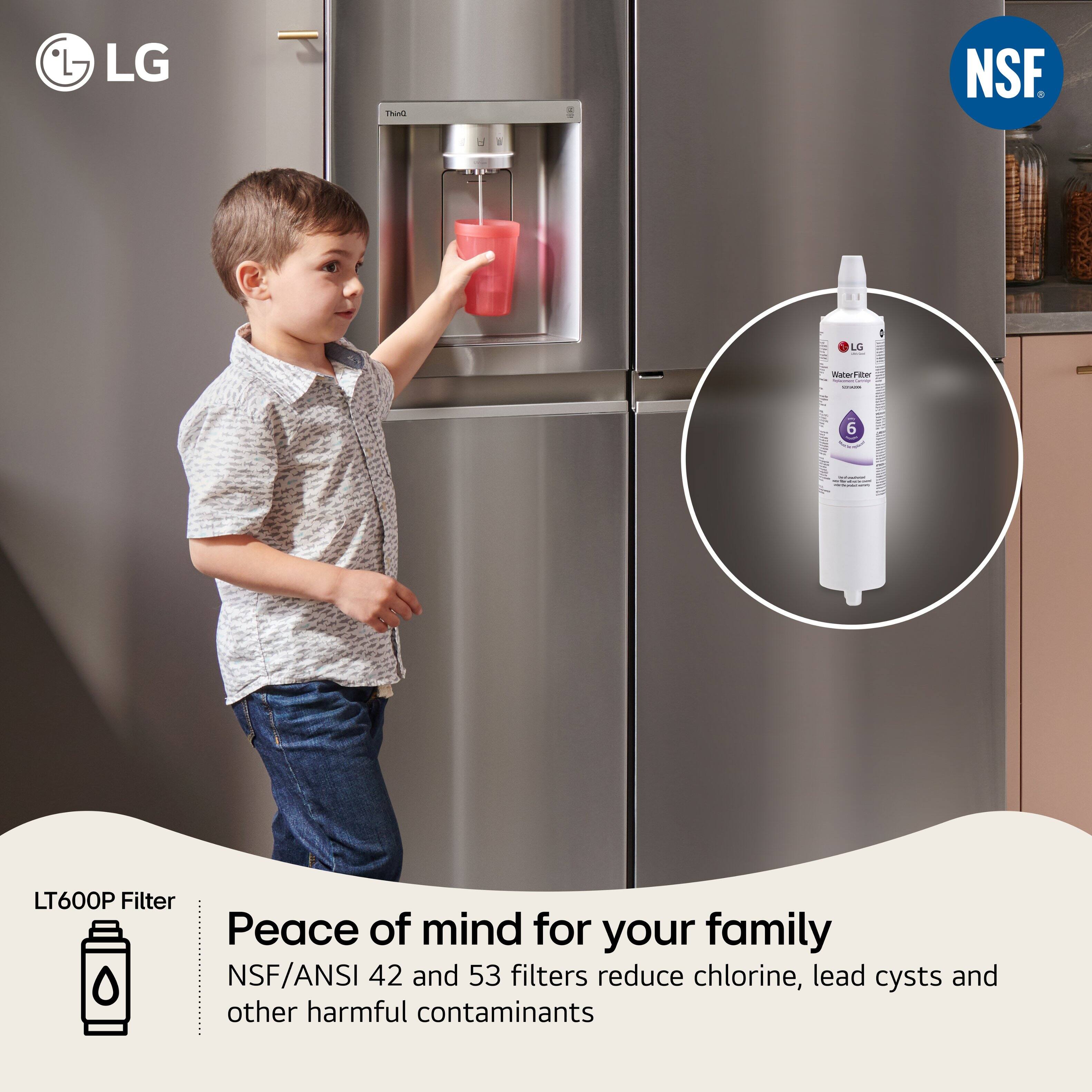 LG, NSF, LT600P Filter, Peace of mind for your family, NSF/ANSI 42 and 53 filters reduce chlorine, lead cysts and other harmful contaminants