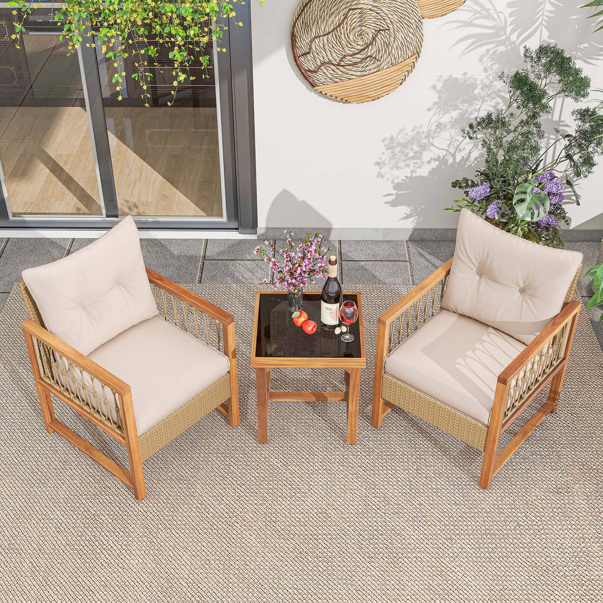 Alt View 8. Costway - 3 PCS Patio Furniture Set Outdoor PE Wicker Conversation Bistro Set - Light Brown,Beige.