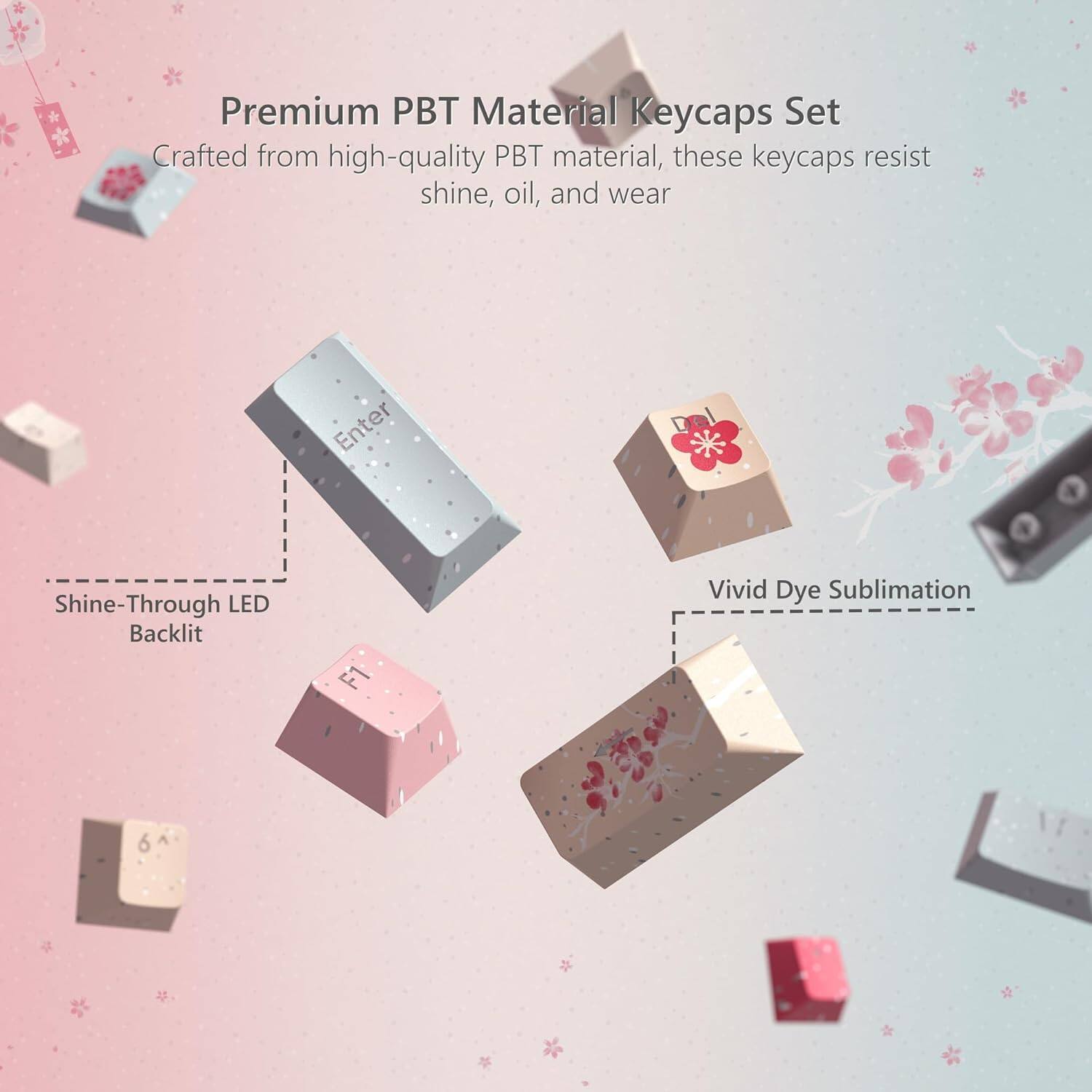 Premium PBT Material Keycaps Set

Crafted from high-quality PBT material, these keycaps resist shine, oil, and wear

- Shine-Through LED Backlit
- Vivid Dye Sublimation