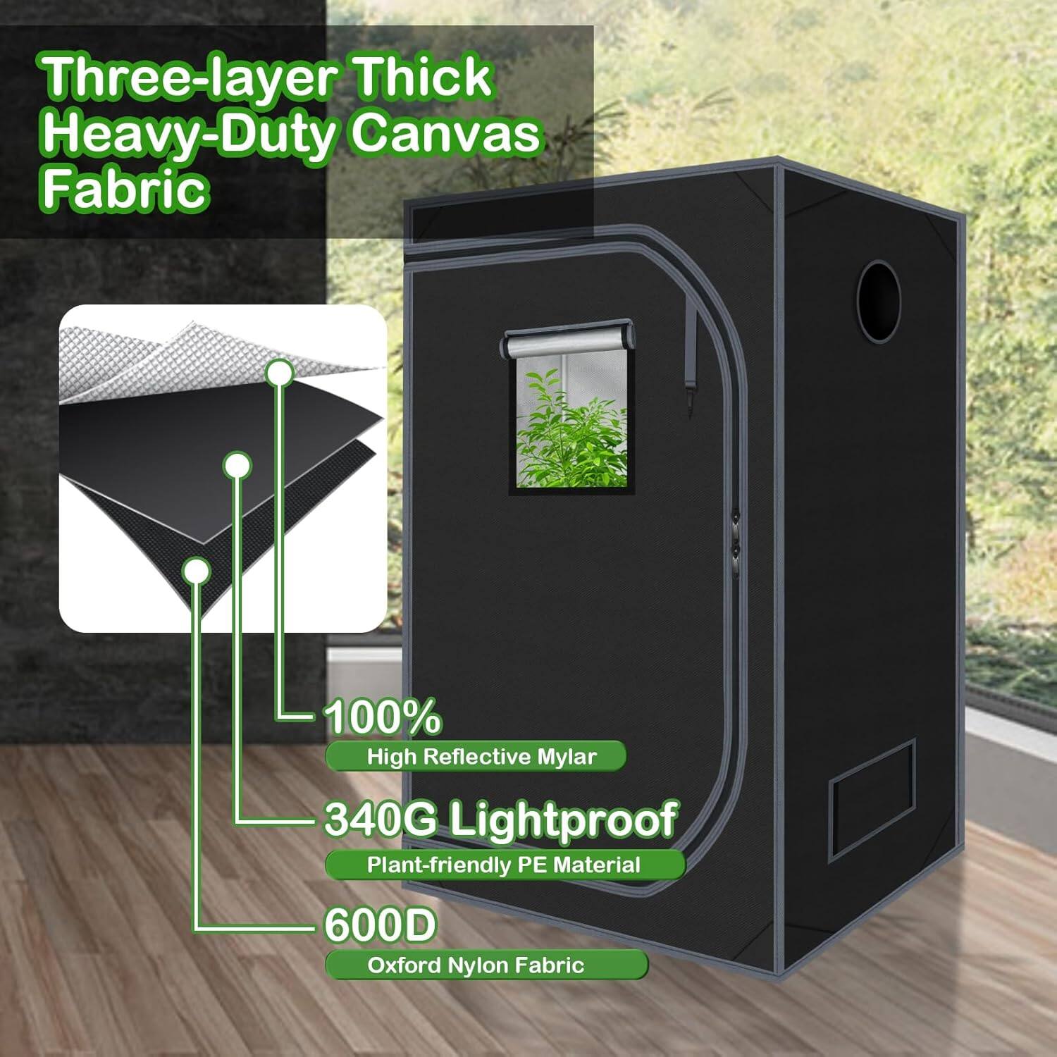 Three-layer Thick Heavy-Duty Canvas Fabric  
100% High Reflective Mylar  
340G Lightproof  
Plant-friendly PE Material  
600D Oxford Nylon Fabric