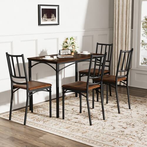 Back. LUCKY ONE - 5-Piece Industrial Dining Set with 43.3" Rectangular Dining Table and 4 Chairs - Walnut.