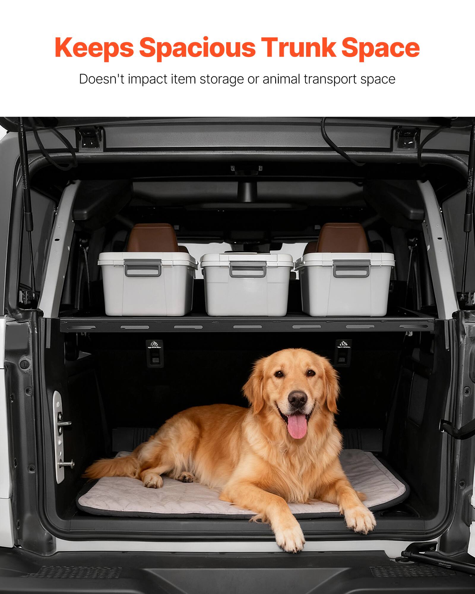 Keeps Spacious Trunk Space  
Doesn't impact item storage or animal transport space