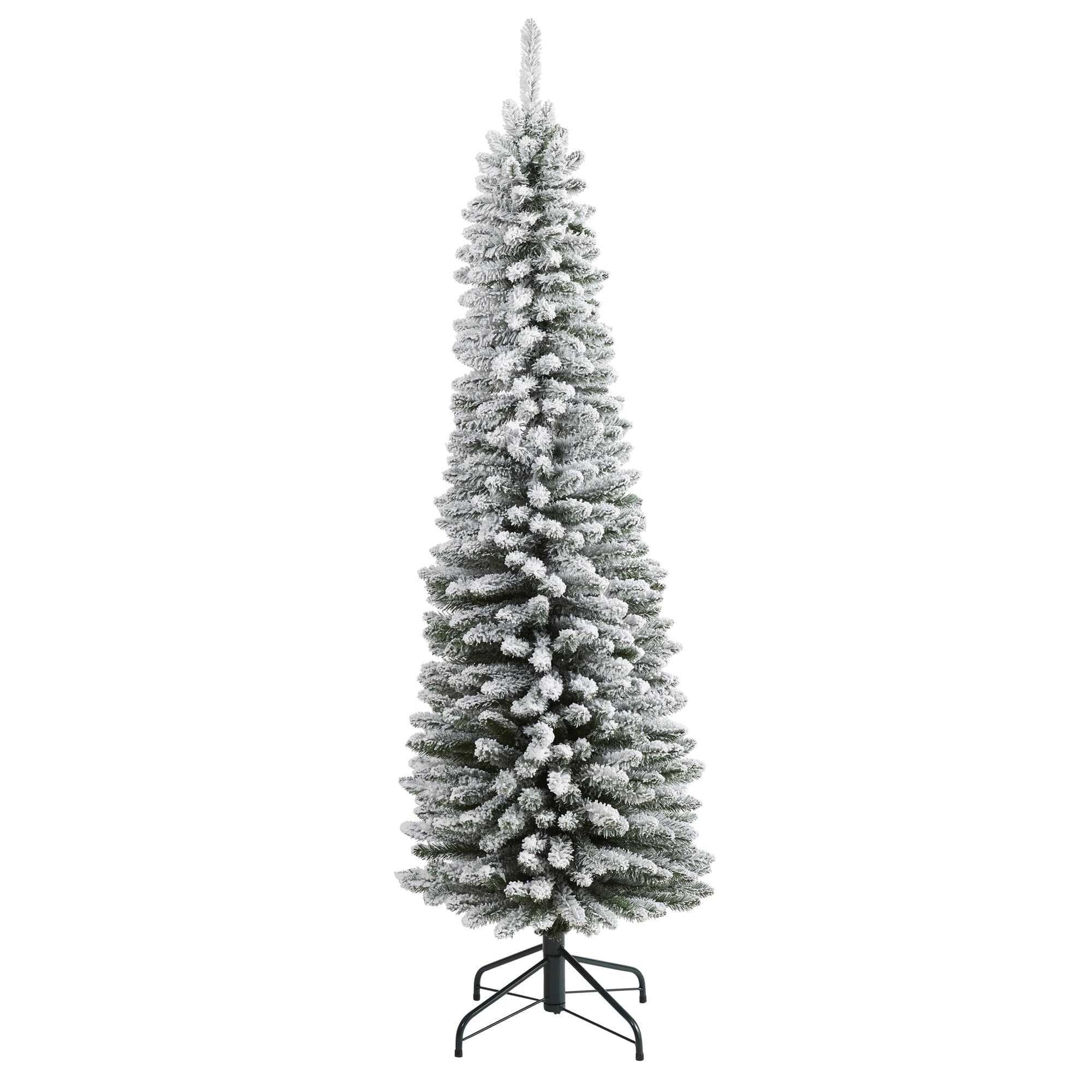 BreeBe - 6’ Flocked Pencil Christmas Artificial Tree with 438 Tips - White, Green