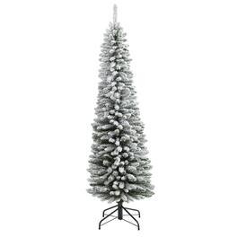 BreeBe - 6’ Flocked Pencil Christmas Artificial Tree with 438 Tips - White, Green