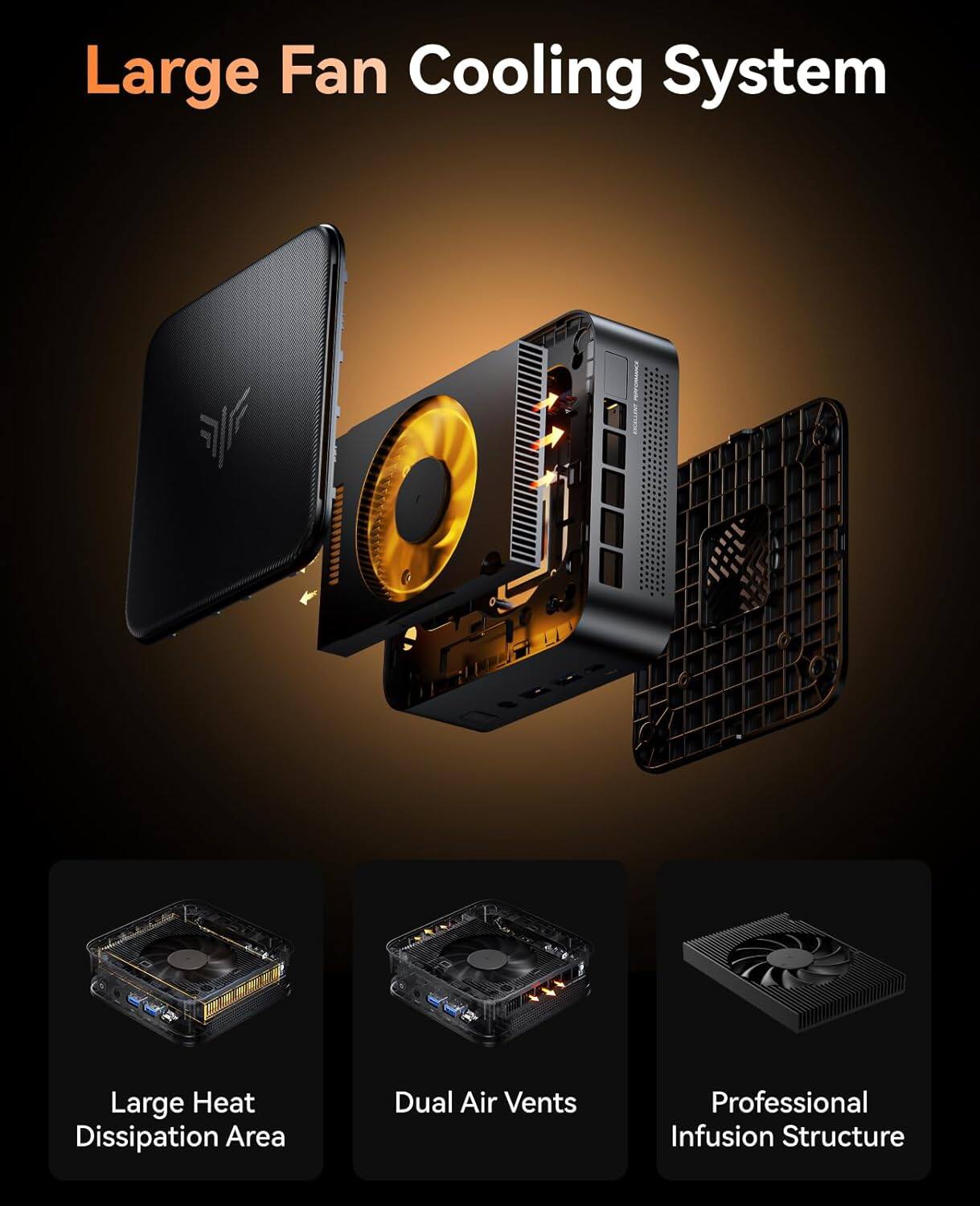 Large Fan Cooling System  
- Large Heat Dissipation Area  
- Dual Air Vents  
- Professional Infusion Structure