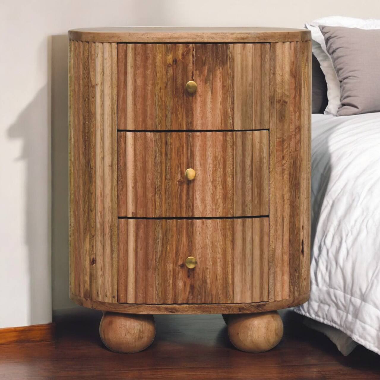 Angle. Artisan Furniture - Artisan Furniture Solid Wood Soba Ball 3 Drawer Bedside, Brown - Brown.