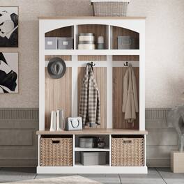 FUFU & GAGA - Hall Tree with Coat Rack Shoe Storage Bench and Natural Rattan Baskets for Entryway Organization - White & Wooden