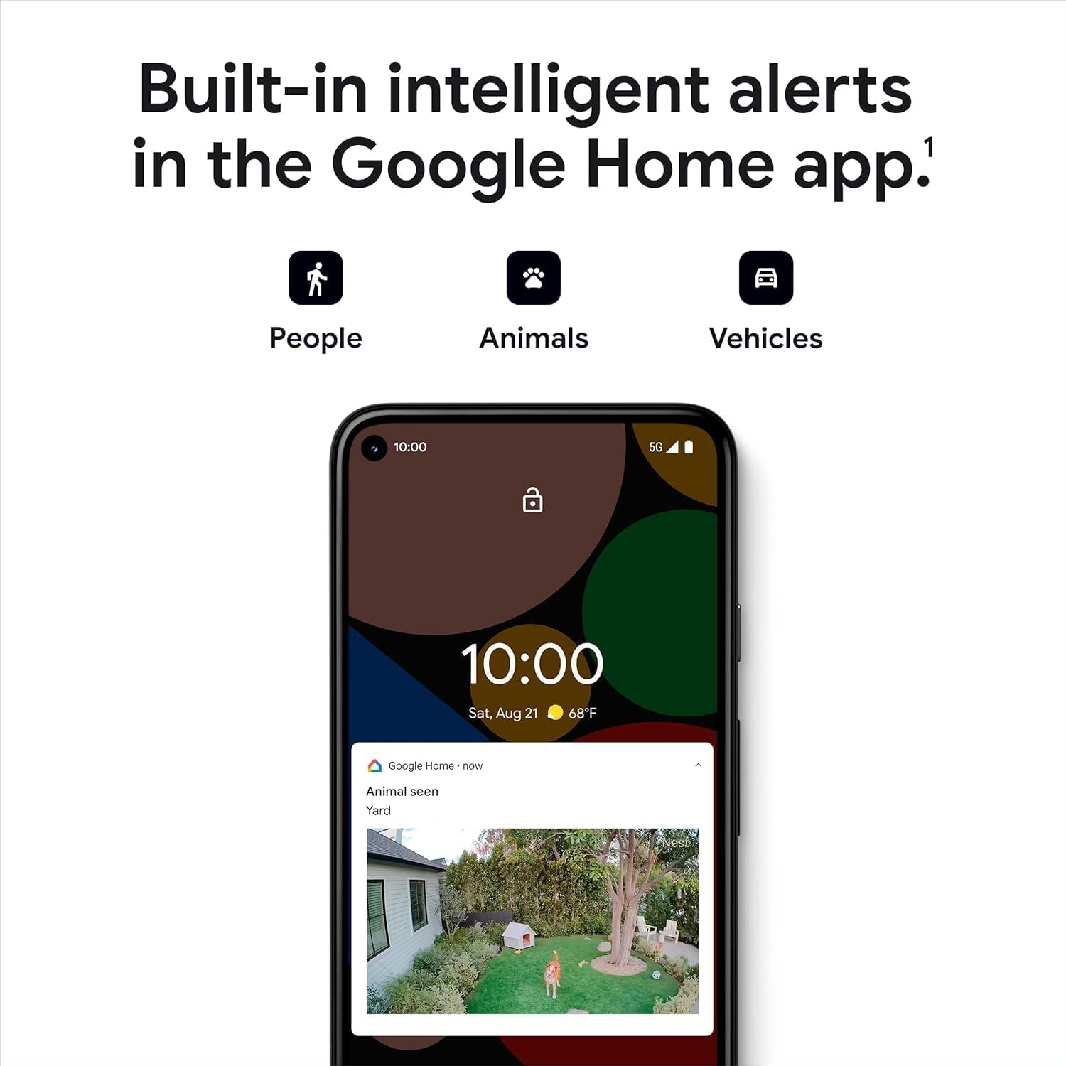 Built-in intelligent alerts in the Google Home app.  
People Animals Vehicles  
10:00 5G 10:00 Sat Aug 21 68F  
Google Home - now  
Animal seen Yard
