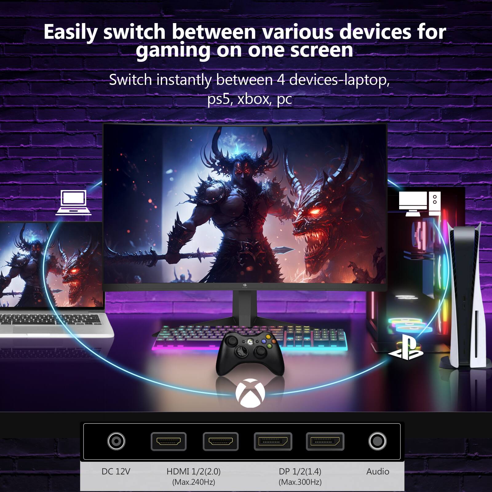 Easily switch between various devices for gaming on one screen
Switch instantly between 4 devices-laptop, ps5, xbox, pc
DC 12V
HDMI 1/2(2.0) (Max.240Hz)
DP 1/2(1.4) (Max.300Hz)
Audio