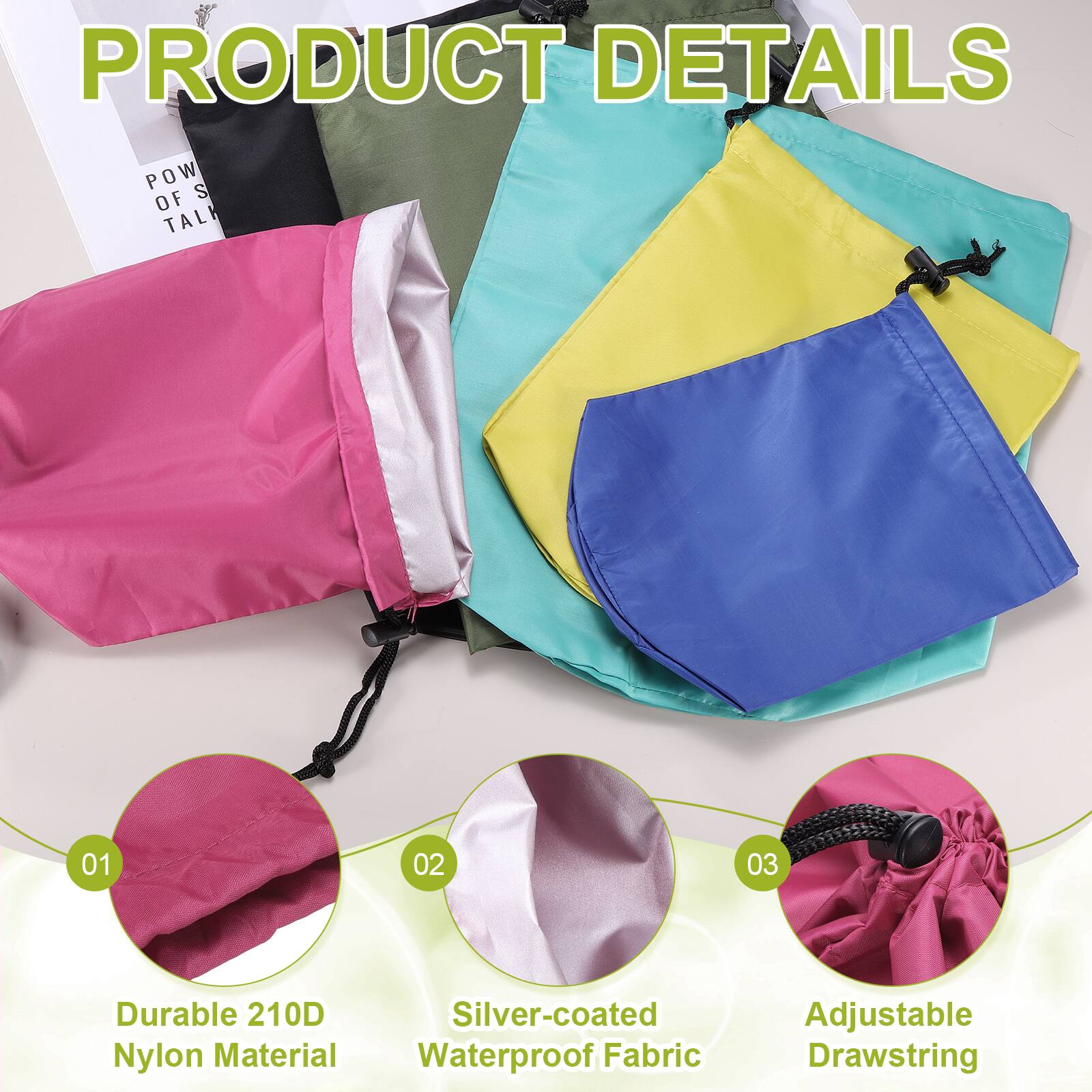 PRODUCT DETAILS

01 Durable 210D Nylon Material  
02 Silver-coated Waterproof Fabric  
03 Adjustable Drawstring