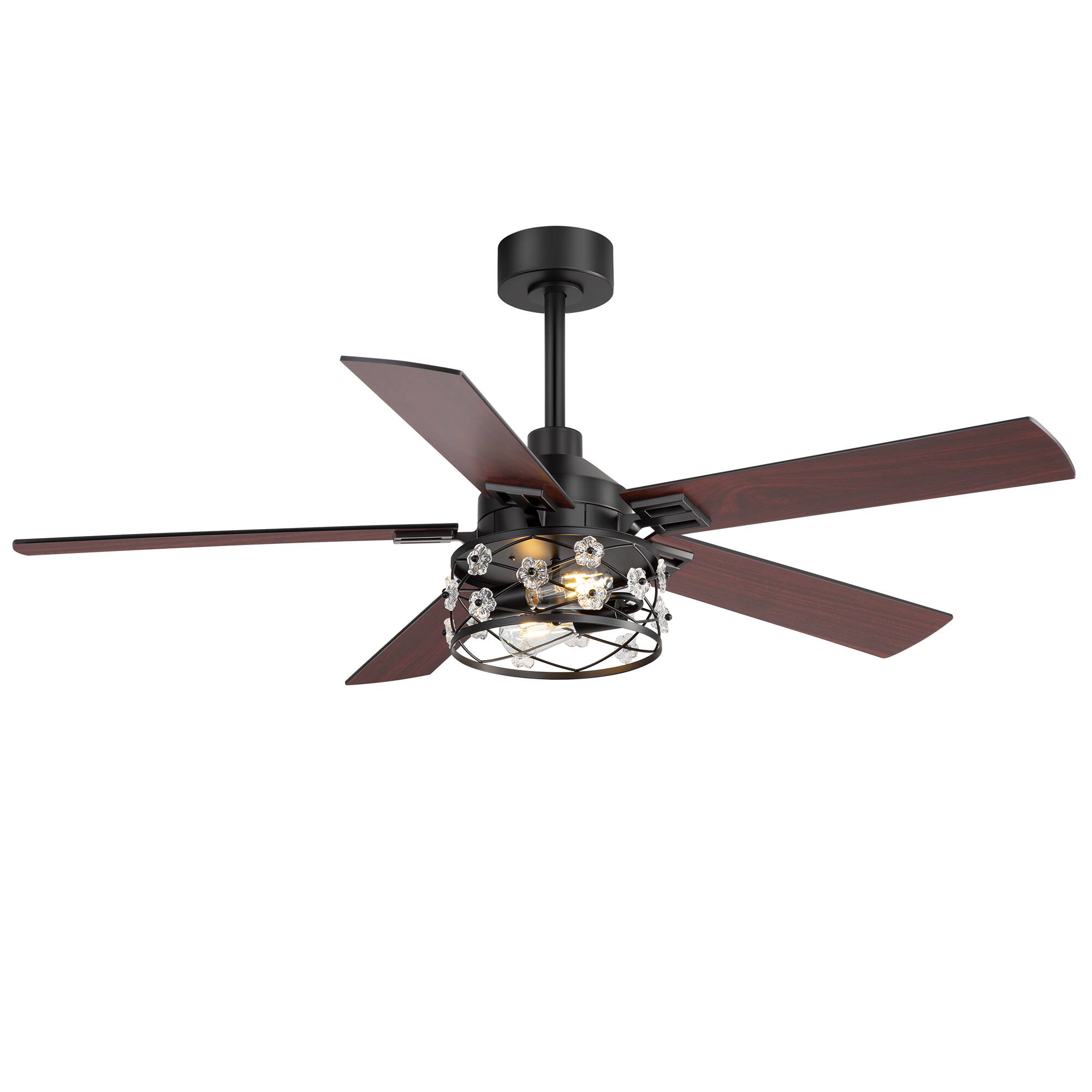 Angle. Breezary - 52-Inch Indoor Ceiling Fan with Light Kit, 5 Plywood Dual-Finish Blades, DC Motor, 5/10'' Downrods, Remote, Glass Shade - Black and Dark Walnut.