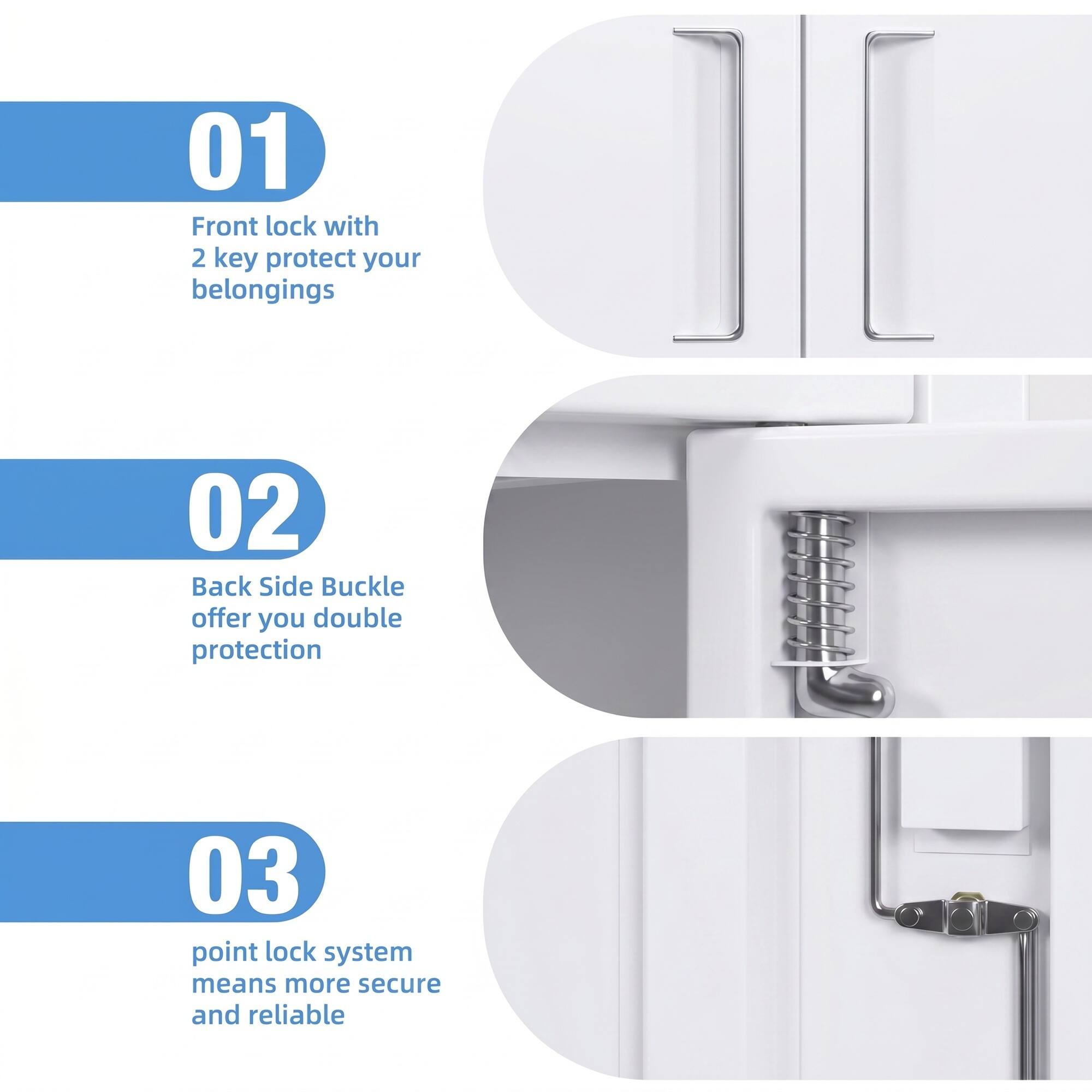 01 Front lock with 2 key protect your belongings  
02 Back Side Buckle offer you double protection  
03 point lock system means more secure and reliable