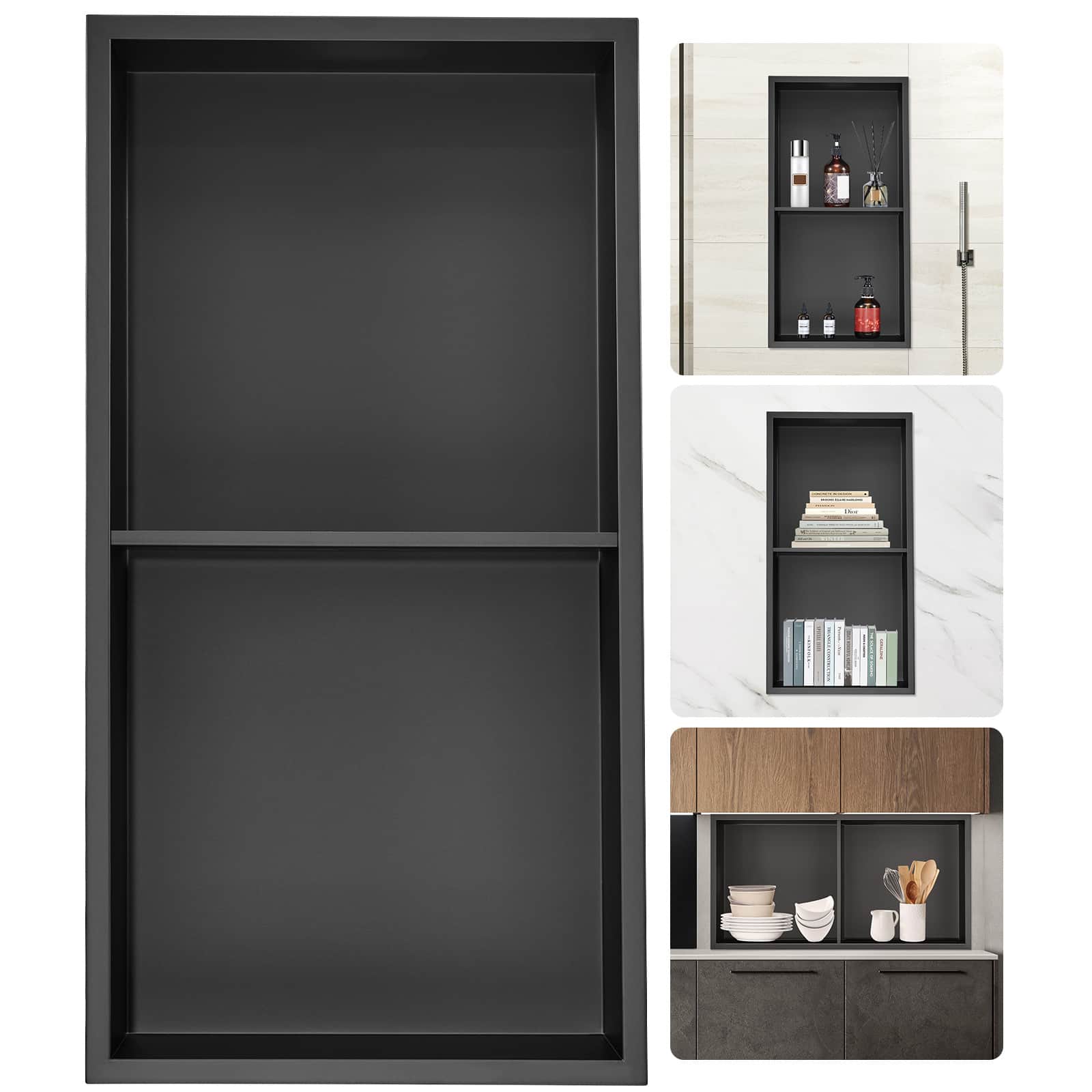 VEVOR - 13"x25" No Tile Shower Niche 304 Stainless Steel, Wall-Inserted Niche Recessed Double Shelves - Black