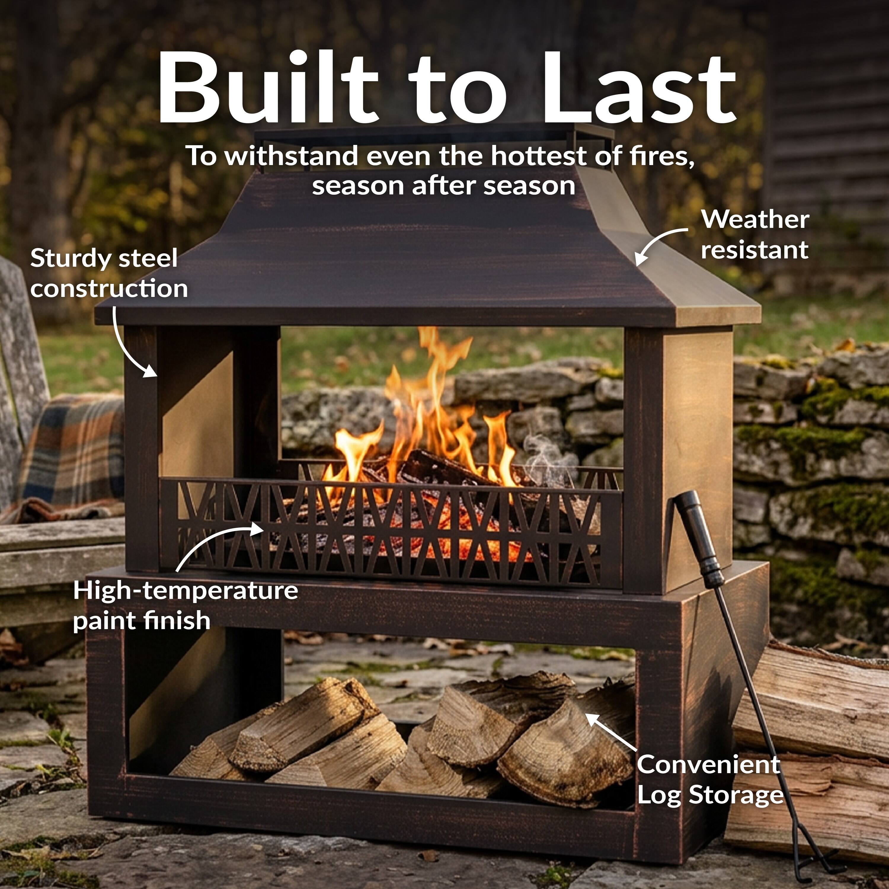 Built to Last  
To withstand even the hottest of fires, season after season  

- Sturdy steel construction  
- Weather resistant  
- High-temperature paint finish  
- Convenient Log Storage