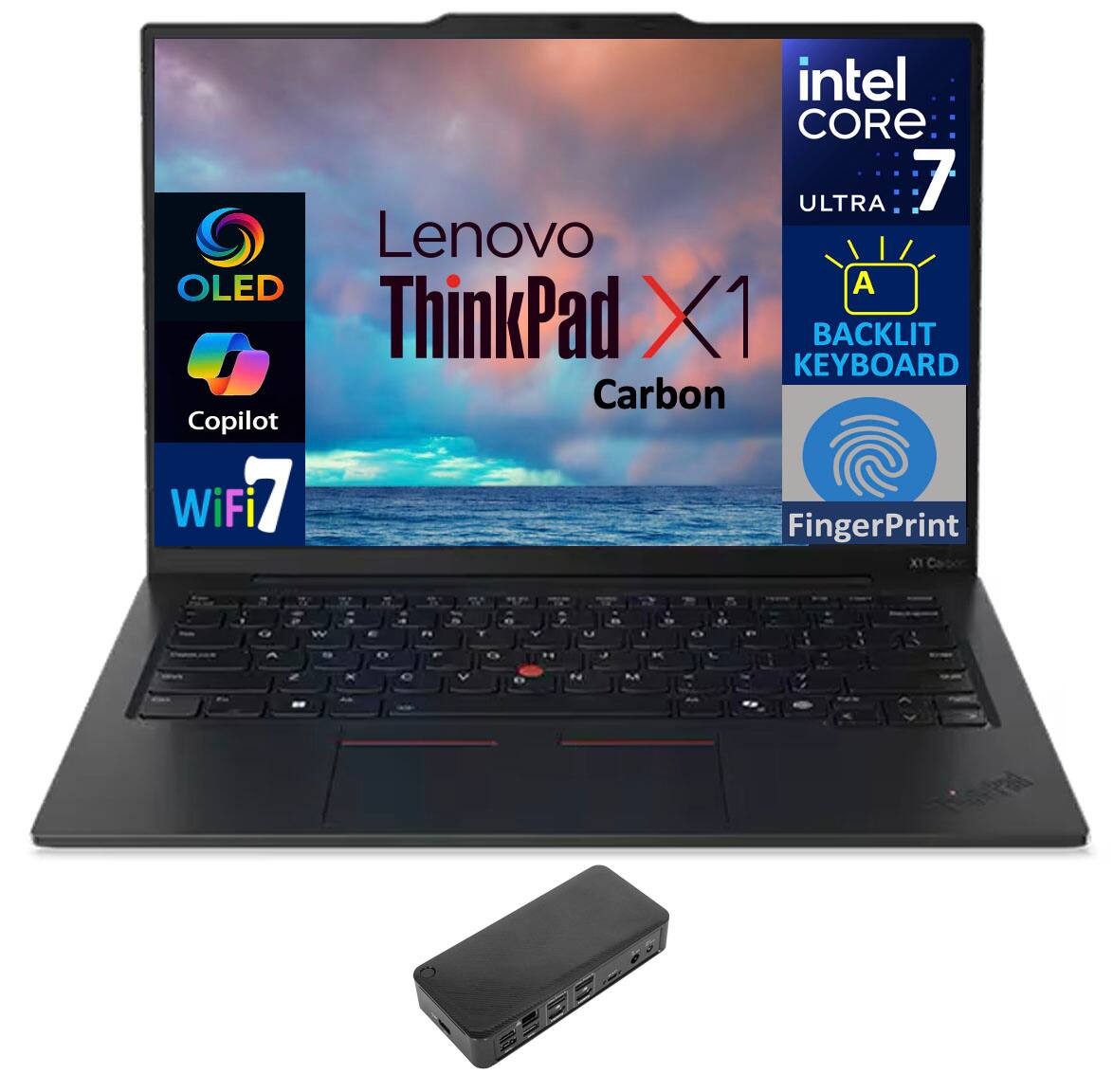 Lenovo ThinkPad X1 Carbon  
Intel Core Ultra 7  
OLED  
Copilot  
WiFi 7  
Backlit Keyboard  
Fingerprint