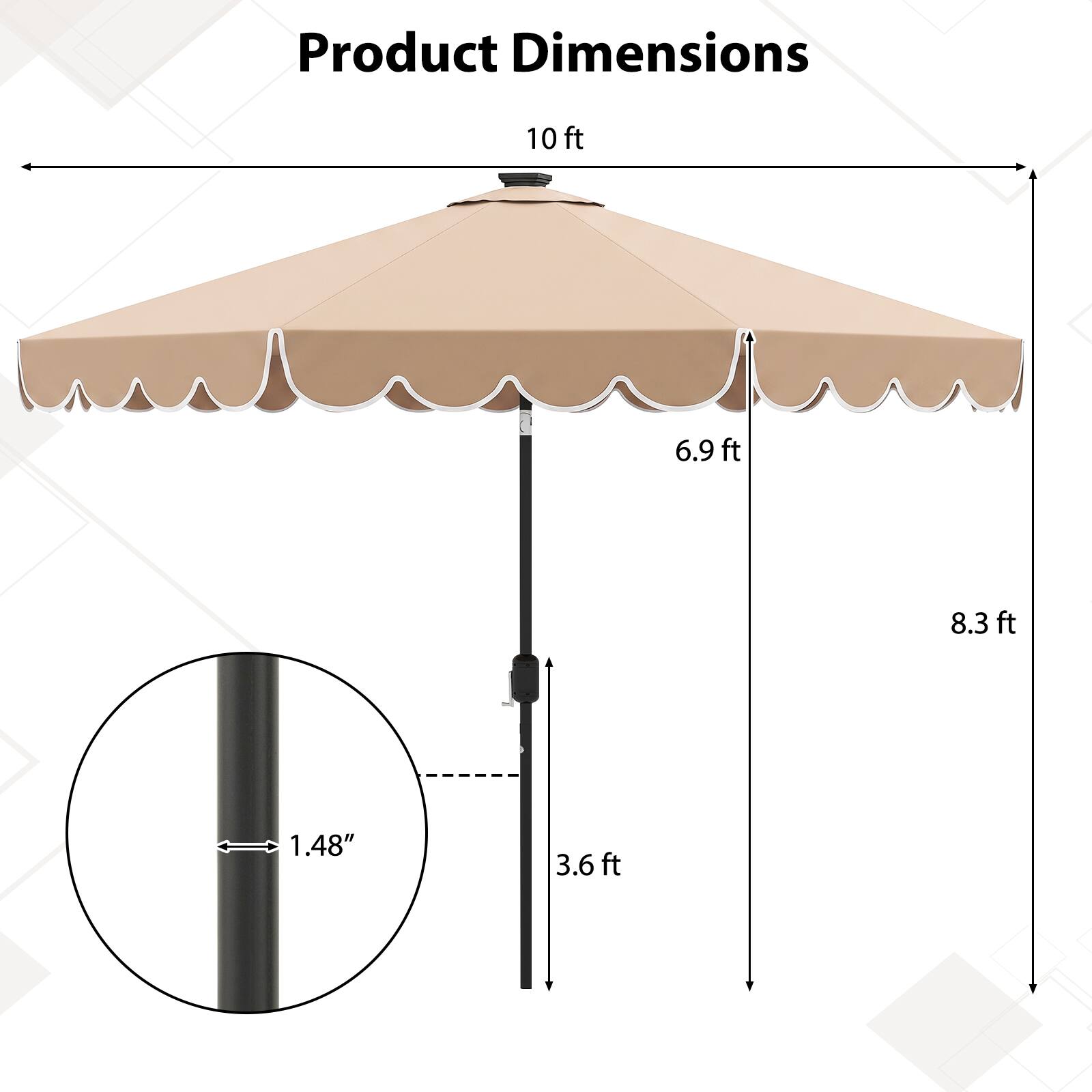Product Dimensions
10 ft
6.9 ft
8.3 ft
1.48"
3.6 ft