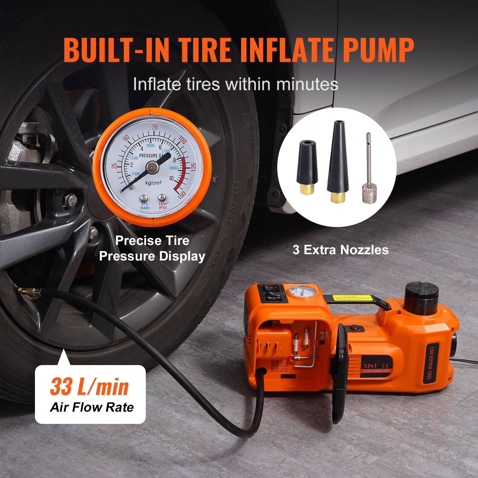 BUILT-IN TIRE INFLATE PUMP  
Inflate tires within minutes  

Precise Tire Pressure Display  

3 Extra Nozzles  

33 L/min Air Flow Rate