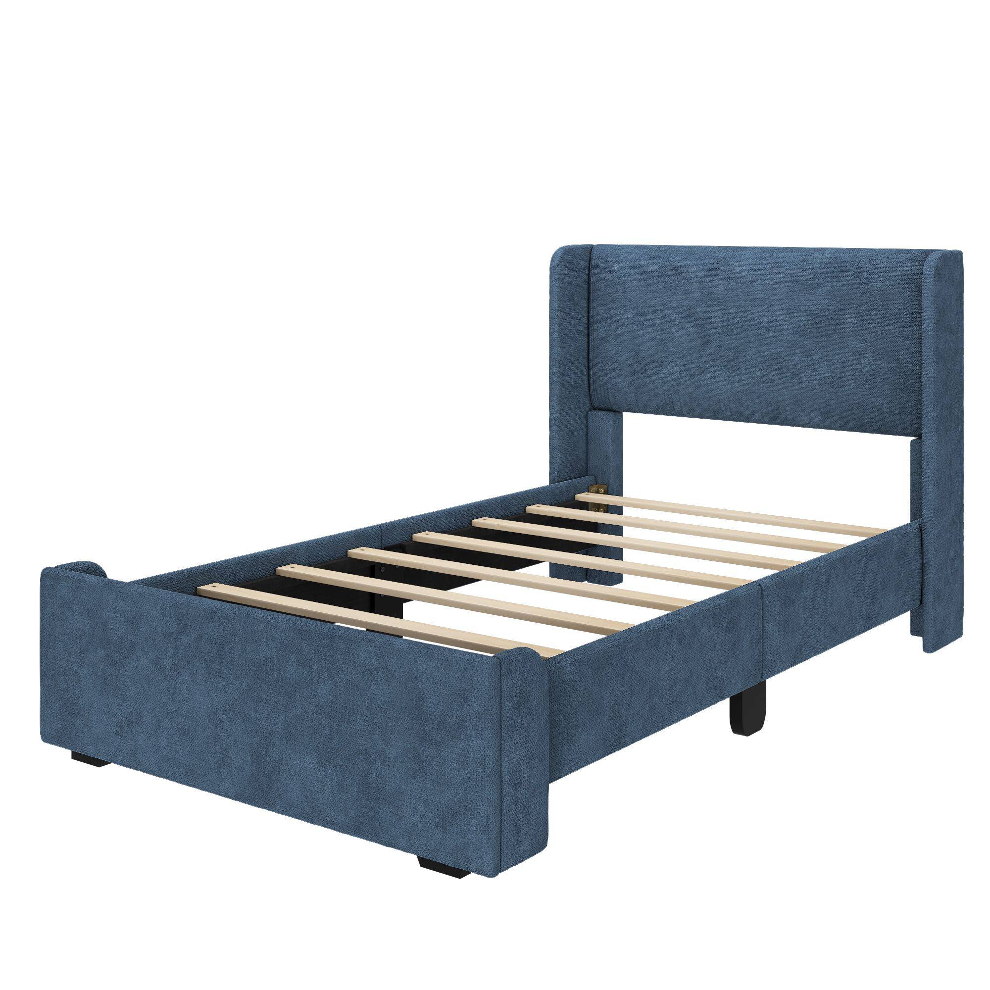 Alt View 2. Plank+Beam - Upholstered Bed with Rectangular Headboard (Twin), Blue - Blue.
